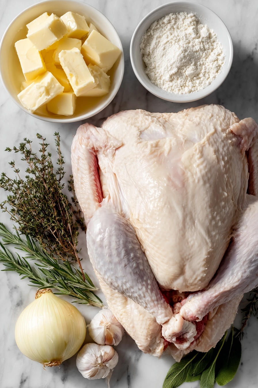 Flat lay of a large bone-in skin-on turkey breast with fresh skin intact, a small white bowl of softened unsalted butter, three peeled fresh garlic cloves, a few sprigs of fresh thyme, rosemary, and sage, a whole large yellow onion cut into chunky pieces, a large peeled carrot cut into chunks, two celery ribs cut into chunks, a small white bowl filled with all-purpose flour, and a simple white bowl with clear low-sodium chicken broth, all arranged symmetrically with balanced proportions on a clean white marble surface, soft natural light, photo taken with an iPhone, professional food photography style, fresh ingredients, white ceramic bowls, no bottles, no duplicates, no utensils, no packaging --ar 2:3 --v 7 --p m7354615311229779997