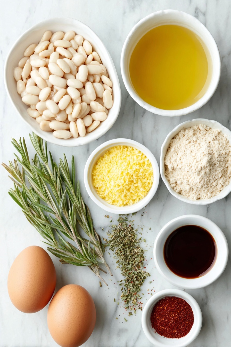 Flat lay of a small white ceramic bowl filled with smooth white beans with some bean liquid visible, a small white ceramic bowl with golden vegetable bouillon broth, a small white ceramic bowl holding bright yellow nutritional yeast flakes, a small white ceramic bowl containing pale beige white miso paste, fresh sprigs of green rosemary and sage placed next to each other, two whole brown eggs with clean shells, a neat pile of light tan vital wheat gluten flour, a small white ceramic bowl with golden melted vegan butter, a small white ceramic bowl containing dark soy sauce, a small white ceramic bowl with rich brown sugar, and a small white ceramic bowl with vibrant red smoked paprika powder, fresh green chopped rosemary and sage sprinkled lightly around for accent, all arranged in perfect symmetry on a clean white marble surface, soft natural light, photo taken with an iPhone, professional food photography style, fresh ingredients, white ceramic bowls, no bottles, no duplicates, no utensils, no packaging --ar 2:3 --v 7 --p m7354615311229779997