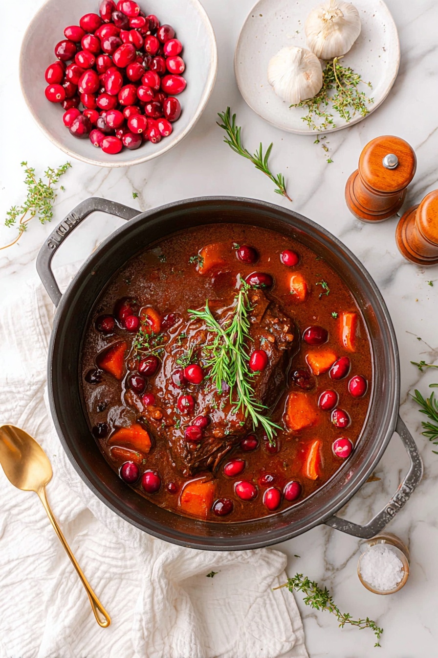 The image shows a dark black pot filled with a rich brown stew that has a large piece of cooked meat in the center, surrounded by bright red cranberries and orange carrot chunks scattered in a thick sauce. A small sprig of green rosemary sits on top of the meat, adding a fresh detail. The pot rests on a white marbled surface with a white cloth nearby. Around the pot are a white bowl filled with shiny red cranberries, a garlic bulb on a small white plate, wooden pepper grinder, salt container with a gold spoon, and a few sprigs of green herbs. Photo taken with an iphone --ar 2:3 --v 7
