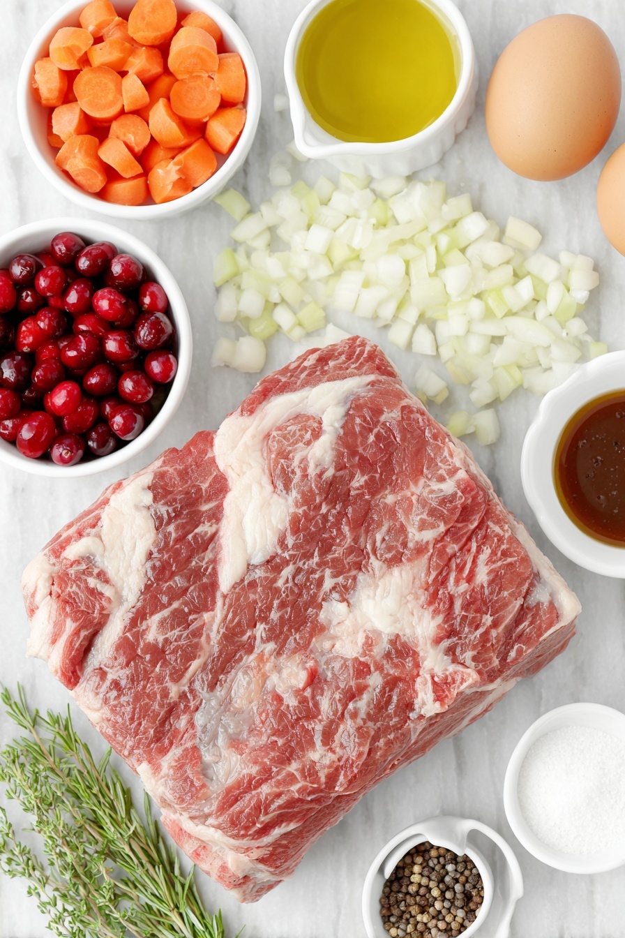 Flat lay of a whole chuck beef roast with rich marbling, two quartered yellow onions, four smashed garlic cloves, two sprigs of fresh thyme, three sprigs of fresh rosemary, a small mound of fresh cranberries, peeled and sliced fresh carrots, a few cracked black peppercorns scattered, a small white ceramic bowl of olive oil, a small white ceramic bowl of tomato paste, a small white ceramic bowl of beef broth, a small white ceramic bowl of dark brown sugar, a small white ceramic bowl of balsamic vinegar, a small white ceramic bowl of soy sauce, a small white ceramic bowl of Worcestershire sauce, a small white ceramic bowl with a smooth cornstarch and water slurry, and two whole uncracked brown eggs, arranged with perfect symmetry on a clean white marble surface, soft natural light, photo taken with an iPhone, professional food photography style, fresh ingredients, white ceramic bowls, no bottles, no duplicates, no utensils, no packaging --ar 2:3 --v 7 --p m7354615311229779997