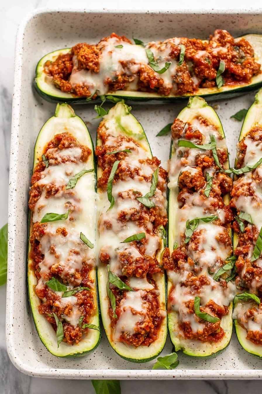 The image shows a white speckled baking dish filled with six zucchini boats arranged in two rows. Each zucchini boat is hollowed out and stuffed with a thick, reddish-brown meat sauce, then topped with a layer of melted white cheese that covers most of the filling. Scattered thin dark green basil strips are placed on top, adding contrast. The baking dish sits on a white marbled surface, with a small bowl containing grated cheese partially visible to the right. The overall look is warm and inviting, highlighting the colors of the zucchini, meat sauce, and melted cheese. photo taken with an iphone --ar 2:3 --v 7