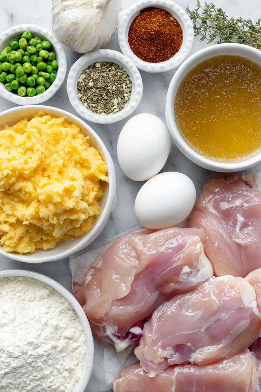 Flat lay of fresh turkey breast tenderloins with clean white shells of two whole eggs, a small pile of finely chopped celery hearts, two medium peeled and chopped carrots, one medium white onion finely chopped, six peeled garlic cloves, a few sprigs of fresh thyme, three whole bay leaves, a small white bowl of dried oregano powder, a small white bowl of smoked paprika powder, a small white bowl of Jamaican allspice, a simple white ceramic bowl filled with clear turkey broth, a small white bowl of frozen peas, a small white bowl of all-purpose flour, a small white bowl of fine yellow cornmeal, a small white bowl of baking powder, a small white bowl of melted unsalted butter, a small white bowl of whole buttermilk, a small heap of mashed bright orange sweet potato puree, placed on a clean white marble surface, soft natural light, photo taken with an iPhone, professional food photography style, fresh ingredients, white ceramic bowls, no bottles, no duplicates, no utensils, no packaging --ar 2:3 --v 7 --p m7354615311229779997