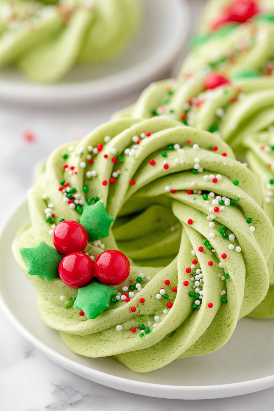 The image shows a bright green wreath-shaped cookie with one main thick layer formed by soft swirls of smooth, light green dough. The swirls create an open center ring, and the cookie is decorated with tiny round sprinkles in red, white, and dark green scattered all over. On the bottom left side of the wreath, there are three shiny red berry shapes made of dough and two small green leaf shapes, giving a festive look. The cookie sits on a white plate placed on a white marbled surface with more similar green wreath cookies blurred in the background. Photo taken with an iphone --ar 2:3 --v 7