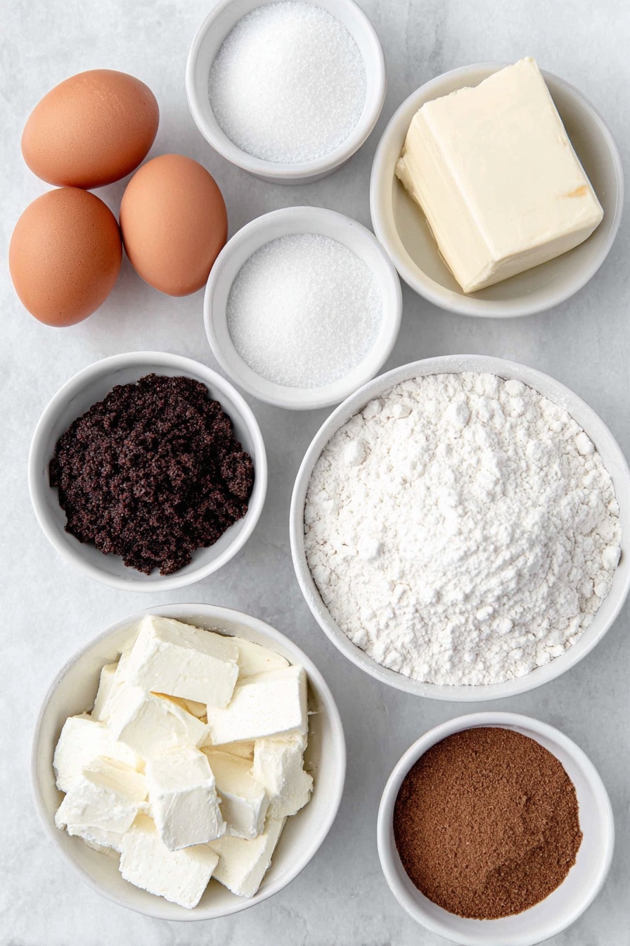 Flat lay of a small white ceramic bowl of all-purpose flour, a small white ceramic bowl of granulated sugar, a small white ceramic bowl of dark brown sugar packed, a small white ceramic bowl of powdered sugar, a small white ceramic bowl of eggnog, two whole extra-large brown eggs with clean shells, a few sticks of salted sweet cream butter, a small white ceramic bowl of baking powder, a small white ceramic bowl of ground nutmeg, a small white ceramic bowl of ground cinnamon, a small white ceramic bowl of salt, and a small white ceramic bowl of vanilla and rum extract mixed together, all arranged with perfect symmetry and realistic proportions, placed on a clean white marble surface, soft natural light, photo taken with an iPhone, professional food photography style, fresh ingredients, white ceramic bowls, no bottles, no duplicates, no utensils, no packaging --ar 2:3 --v 7 --p m7354615311229779997