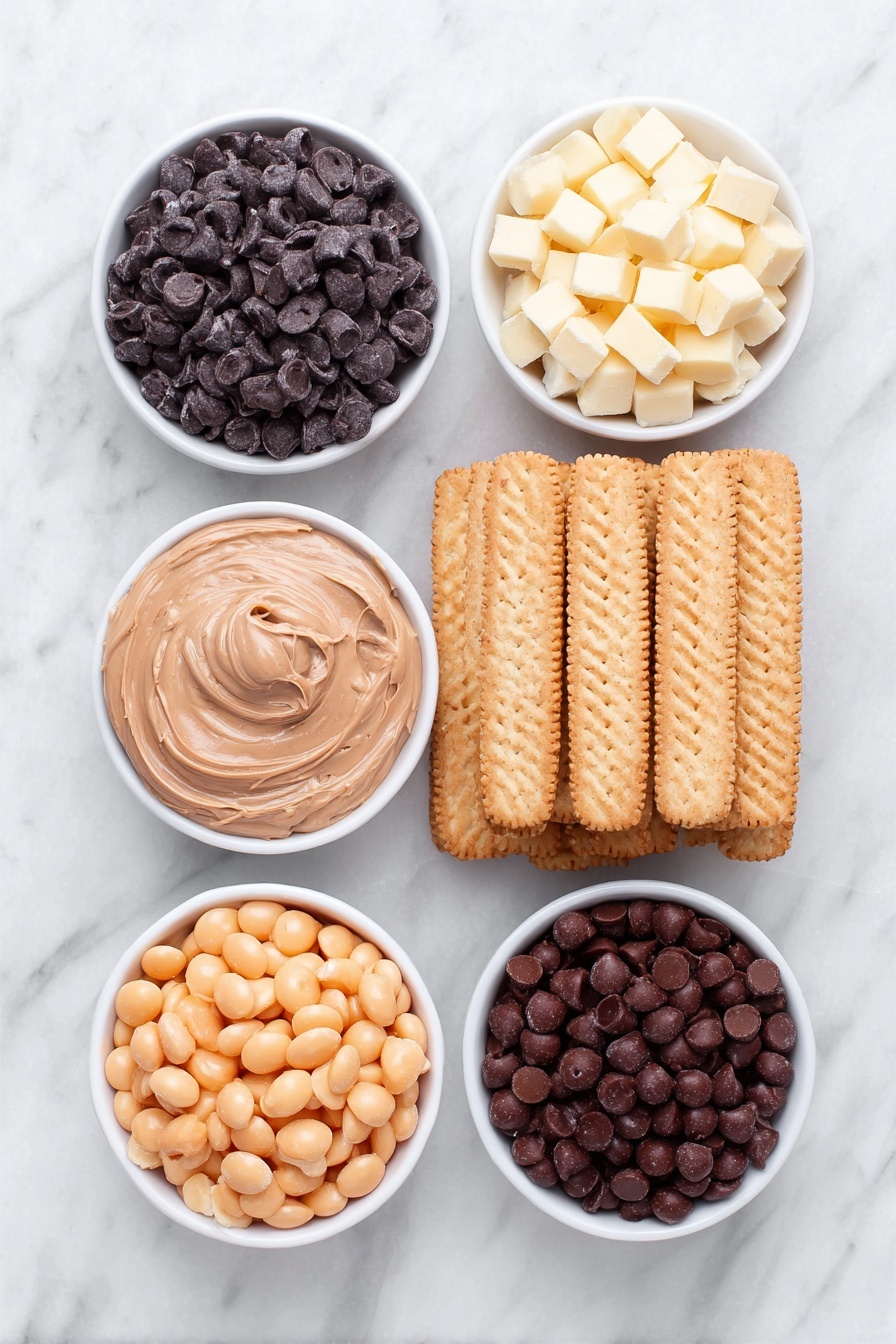 Flat lay of a small heap of glossy dark chocolate chips, a small white ceramic bowl filled with creamy peanut butter, a small pile of salted butter cubes, a neat stack of Nutter Butter cookies with ridged edges, a small white ceramic bowl full of mini golden Nilla wafers, a small white ceramic bowl filled with brown Reese’s pieces, a small white ceramic bowl holding bright orange Reese’s pieces halved, and a small white ceramic bowl containing shiny white candy eyes, all arranged with perfect symmetry and balanced proportions, placed on a clean white marble surface, soft natural light, photo taken with an iPhone, professional food photography style, fresh ingredients, white ceramic bowls, no bottles, no duplicates, no utensils, no packaging --ar 2:3 --v 7 --p m7354615311229779997