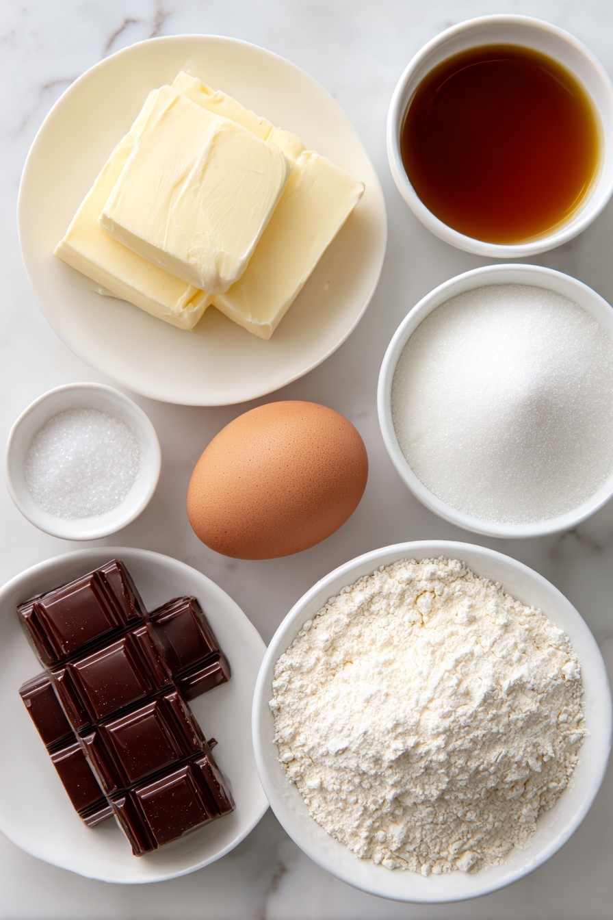 Flat lay of a small mound of softened pale yellow unsalted butter, a neat pile of fine white caster sugar, a single large brown egg with a clean uncracked shell, a modest heap of smooth white all-purpose flour, a small white ceramic bowl of clear golden vanilla extract, a pinch of fine white salt in a tiny white bowl, a small white bowl holding white baking powder, all arranged symmetrically in perfect proportions on a clean white ceramic plate, placed on a clean white marble surface, soft natural light, photo taken with an iPhone, professional food photography style, fresh ingredients, white ceramic bowls, no bottles, no duplicates, no utensils, no packaging --ar 2:3 --v 7 --p m7354615311229779997