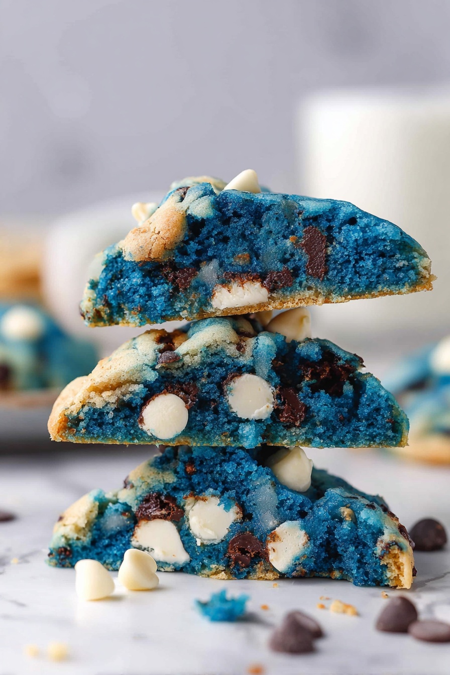The image shows three stacked triangular cookie pieces with a bright blue dough filled with white and brown chocolate chips. The top cookie has a white chocolate chip on its edge, while the others show a mix of dark and white chips inside and on their surfaces. The cookies have a rough texture with some crumbs around them. In the background, there is a white bowl partially visible and some out-of-focus objects on a white marbled surface. The photo taken with an iphone --ar 2:3 --v 7