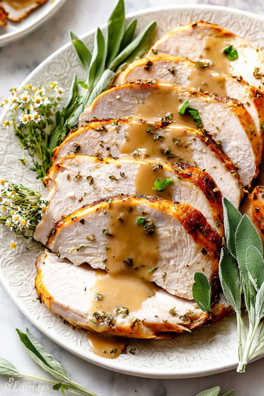 The image shows six thick slices of roasted turkey arranged in two layers on a white plate with a subtle pattern, placed on a white marbled surface. Each slice has a golden-brown crust with a moist white interior, topped with a light brown gravy that drips slightly over the edges. Small green herb pieces are sprinkled on the turkey and gravy. Around the turkey on the plate are fresh green herbs, including sage leaves and a sprig of small white flowers, adding a fresh touch. Photo taken with an iphone --ar 2:3 --v 7