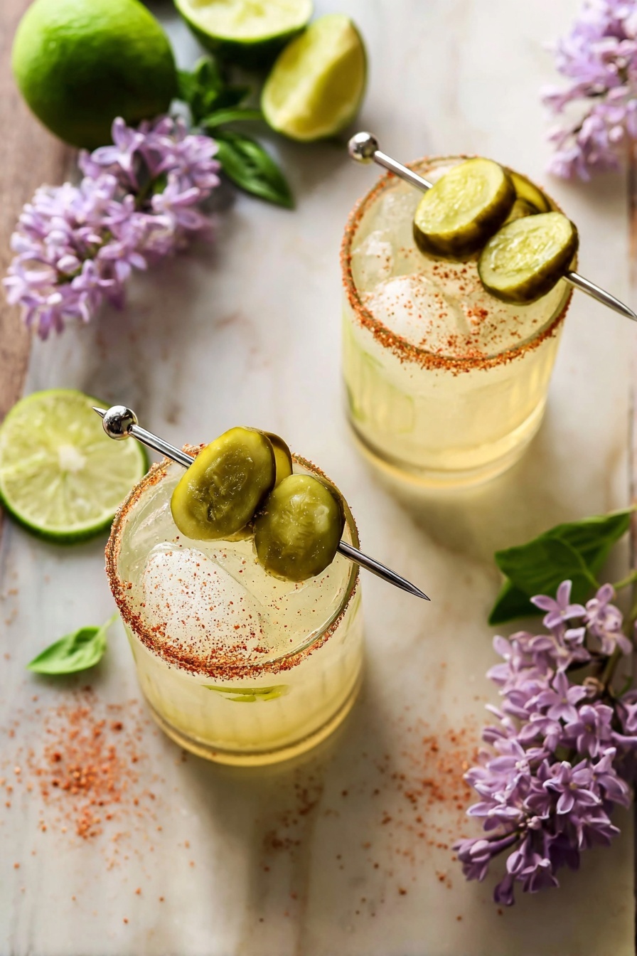 Two glasses filled with ice cubes and a pale yellow drink sit on a white marbled surface. Each glass has a reddish seasoning rim and is topped with two small green pickles skewered on a shiny metal stick placed horizontally across the top. Around the glasses, there are scattered reddish seasoning particles, light green basil leaves, lime halves, and clusters of light purple flowers adding color and texture to the scene. The photo taken with an iphone --ar 2:3 --v 7