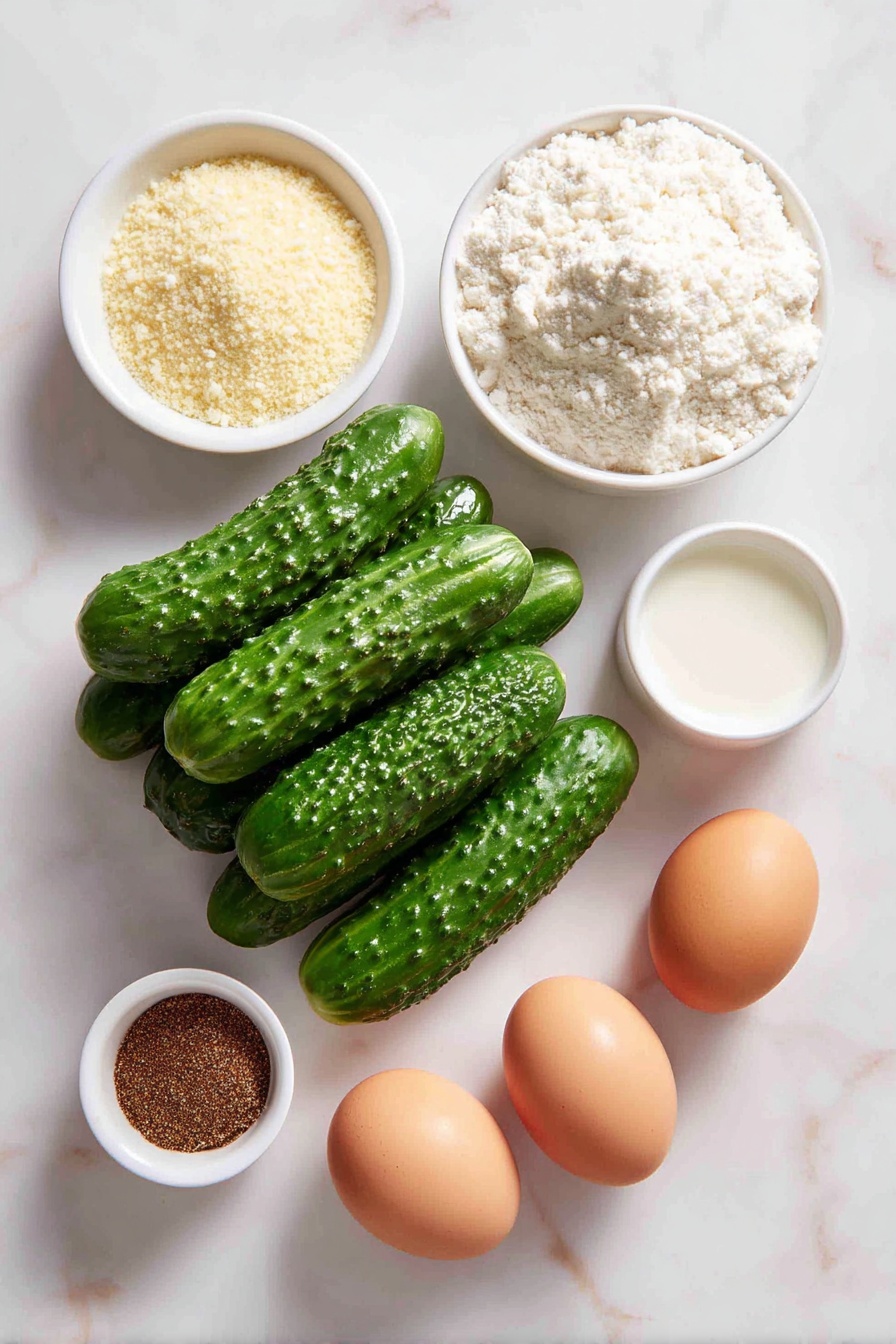 Flat lay of six fresh dill pickles cut into quarters arranged naturally, a small white ceramic bowl filled with light golden panko breadcrumbs, a small white ceramic bowl of all-purpose white flour, a small white ceramic bowl containing creamy white milk, two whole uncracked brown eggs, and a small white ceramic bowl holding coarse Montreal steak seasoning, all placed with perfect symmetry on a clean white marble surface, soft natural light, photo taken with an iPhone, professional food photography style, fresh ingredients, white ceramic bowls, no bottles, no duplicates, no utensils, no packaging --ar 2:3 --v 7 --p m7354615311229779997