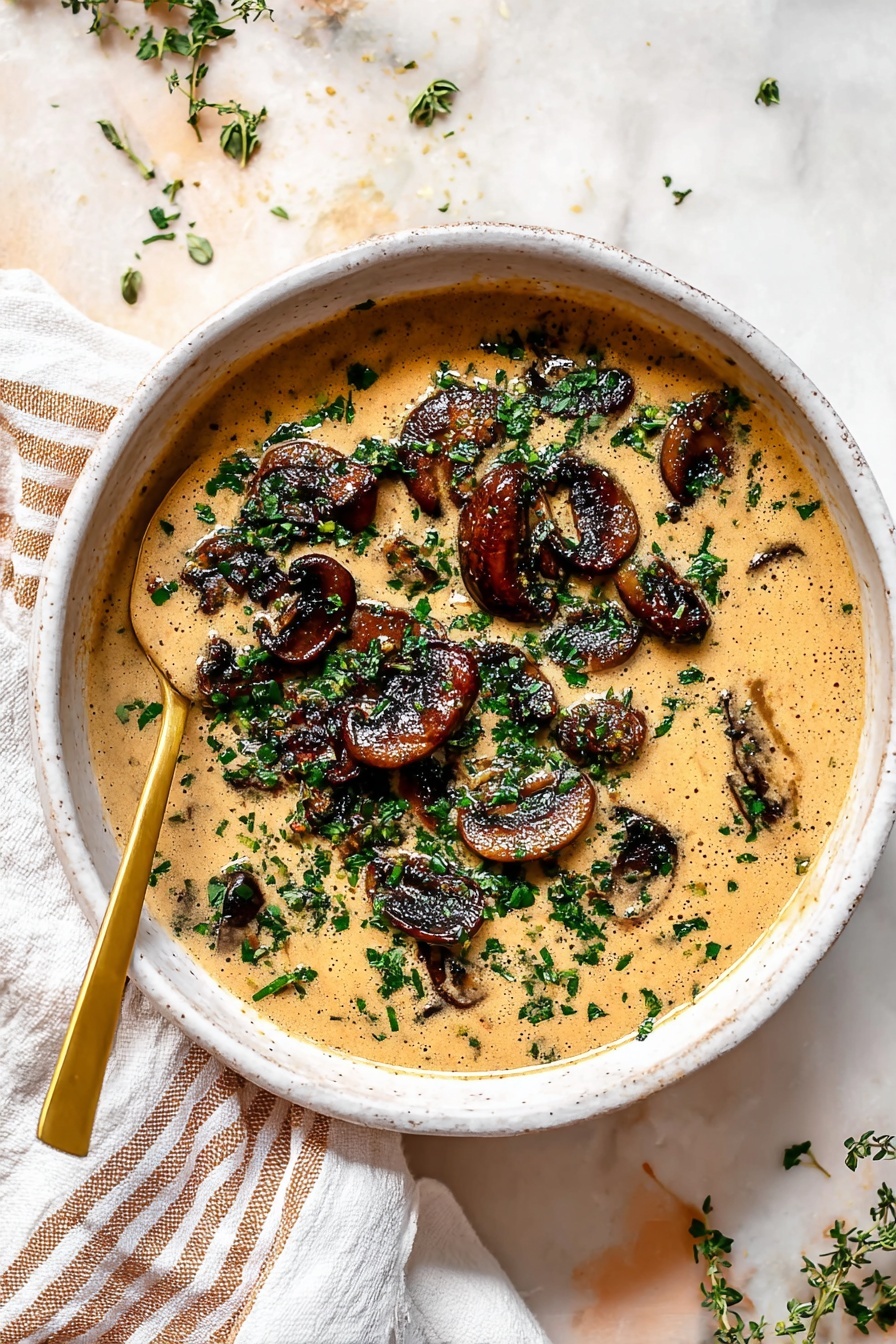 The image shows a bowl with three main layers: the first layer is a smooth, creamy light brown soup filling the bowl, the second layer is dark, cooked mushroom slices scattered on top, and the third layer is a sprinkling of bright green chopped herbs spread evenly over the mushrooms and soup. A gold spoon rests inside the bowl, partially submerged in the soup near the top edge. The bowl sits on a white marbled surface with some scattered herbs and a white cloth with light brown stripes near the bottom of the image. Photo taken with an iphone --ar 2:3 --v 7