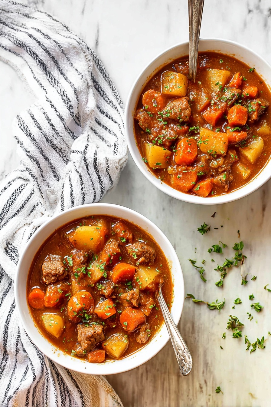 Two white bowls are full of thick stew with visible layers of meat chunks, orange carrot slices, and pale yellow potato pieces in a rich brown sauce. The stew is topped with small green herb sprinkles. Each bowl has a silver fork resting inside. The bowls sit on a white marbled surface with a white cloth that has thin black stripes next to them. Some green herbs are scattered loosely around the bowls. photo taken with an iphone --ar 2:3 --v 7