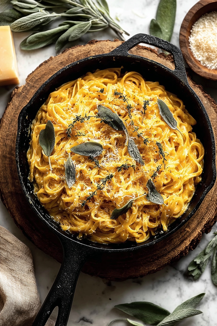 A black cast iron skillet filled with creamy, bright orange-yellow pasta noodles layered evenly, topped with green sage leaves and small sprigs of thyme scattered on top, with fine white grated cheese sprinkled all over. The skillet sits on a round wooden board on a white marbled surface, surrounded by fresh green sage leaves, a block of cheese, and a small brown bowl of grated cheese nearby. Photo taken with an iphone --ar 2:3 --v 7