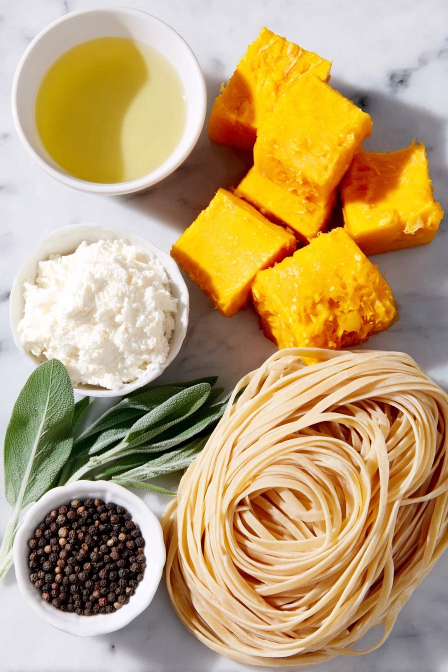 Flat lay of fresh golden butternut squash cubes, three whole uncracked brown garlic cloves, a few bright green fresh sage leaves, a small mound of freshly grated pale Parmesan cheese, a small white ceramic bowl filled with rich heavy cream, a small white ceramic bowl holding clear golden olive oil, a small white ceramic bowl of light amber vegetable stock, a neat nest of uncooked pale yellow fettuccine pasta, sprinkled coarse sea salt crystals, and whole black peppercorns scattered artfully, all arranged with perfect symmetry on a clean white marble surface, soft natural light, photo taken with an iPhone, professional food photography style, fresh ingredients, white ceramic bowls, no bottles, no duplicates, no utensils, no packaging --ar 2:3 --v 7 --p m7354615311229779997