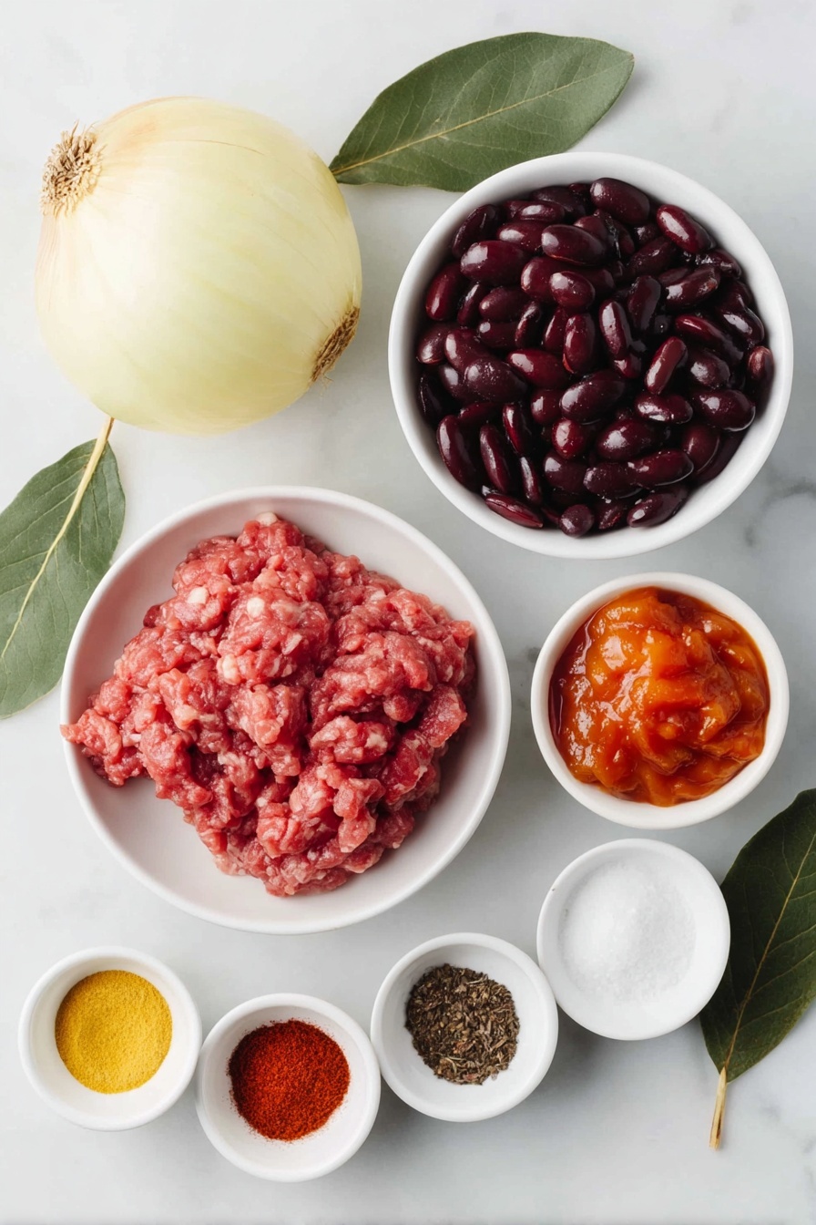 Flat lay of two peeled garlic cloves, one whole yellow onion with natural skin, a small white ceramic bowl of golden olive oil, raw ground beef portioned in a simple white ceramic bowl, a small white ceramic bowl filled with shiny dark red kidney beans, another small white ceramic bowl with glossy black beans, a small white ceramic bowl holding bright red petite diced tomatoes, a small white ceramic bowl with smooth orange pumpkin purée, a small white ceramic bowl containing deep red tomato paste, a small white ceramic bowl of clear water, and five small white ceramic bowls each with chili powder, smoked paprika, ground cumin, garlic powder, onion powder, freshly cracked black pepper, and salt arranged symmetrically, all placed on a clean white marble surface, soft natural light, photo taken with an iPhone, professional food photography style, fresh ingredients, white ceramic bowls, no bottles, no duplicates, no utensils, no packaging --ar 2:3 --v 7 --p m7354615311229779997