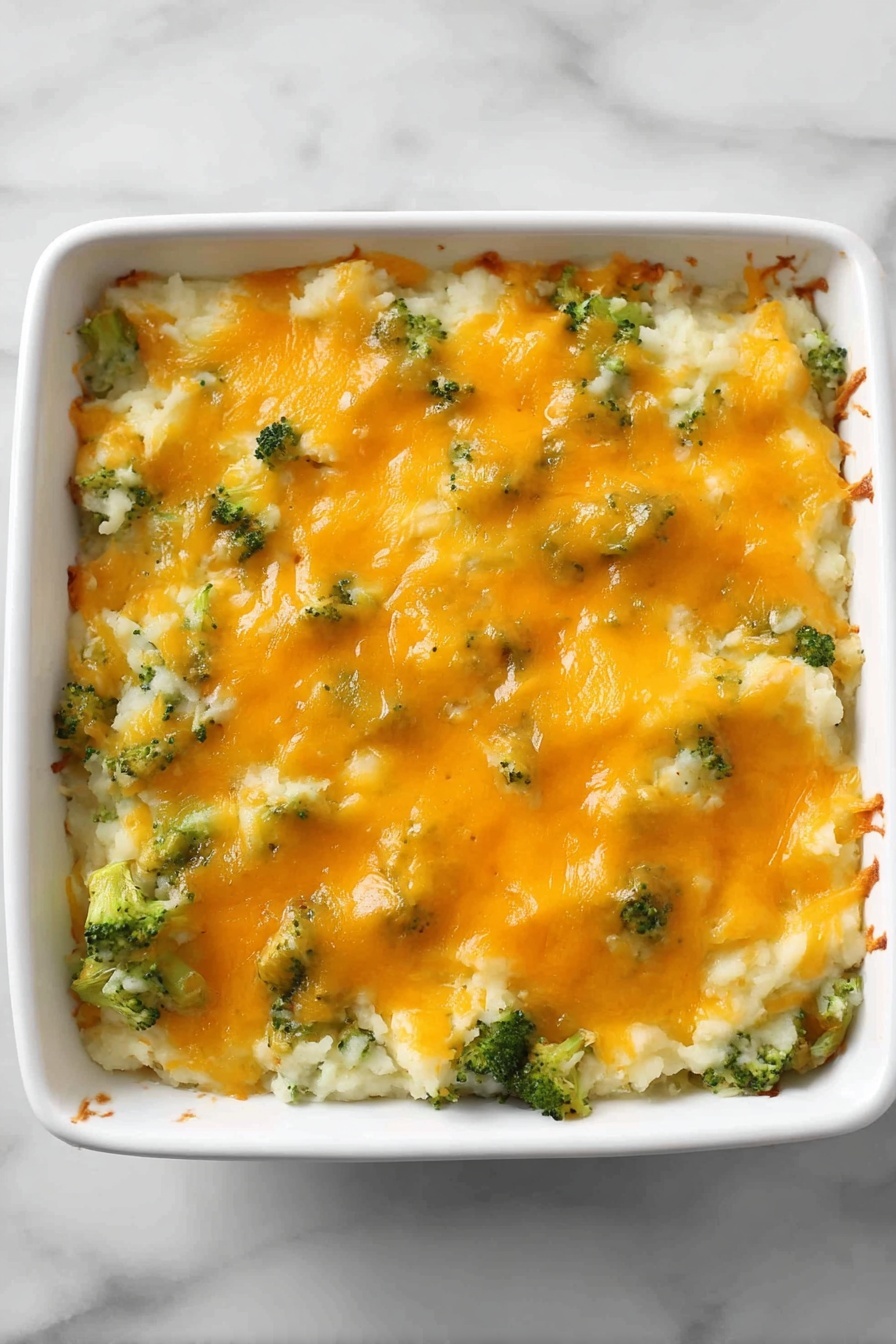 A square white ceramic baking dish filled with a layered casserole. The bottom layer is a mixture of small green broccoli pieces mixed with white mashed potatoes, forming a somewhat uneven textured base. The top layer is melted cheddar cheese in a smooth, thick golden-yellow layer with slight browning edges, covering most of the surface but still showing bits of the potato and broccoli mixture beneath. The dish is placed on a white marbled surface. Photo taken with an iphone --ar 2:3 --v 7
