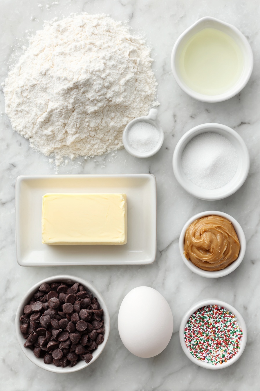 Flat lay of a small mound of sifted all-purpose flour, a small white ceramic bowl with a mix of baking powder, baking soda, and kosher salt, a half cup of unsalted butter in a simple white ceramic dish, a dollop of creamy peanut butter on a white ceramic plate, a half cup of granulated sugar in a small white bowl, a half cup of light brown sugar packed in a white ceramic bowl, one large whole uncracked egg, a small white bowl of clear vanilla extract, a simple white ceramic bowl filled with semi-sweet chocolate chips, a small white bowl holding coconut oil, and a small white bowl containing colorful holiday sprinkles, all arranged with perfect symmetry, fresh and natural, placed on a clean white marble surface, soft natural light, photo taken with an iPhone, professional food photography style, fresh ingredients, white ceramic bowls, no bottles, no duplicates, no utensils, no packaging --ar 2:3 --v 7 --p m7354615311229779997
