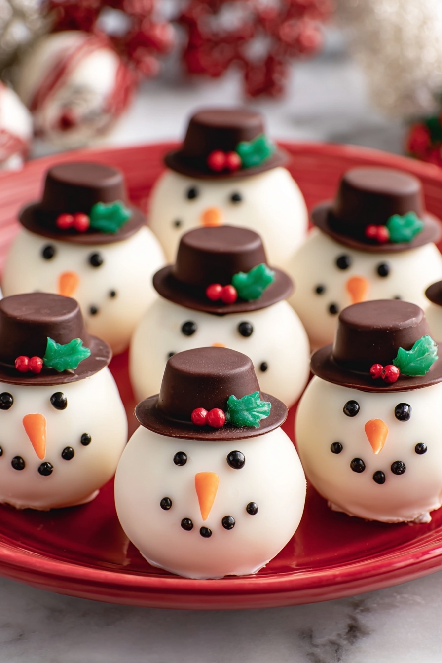 The image shows many round white snowman cake balls arranged closely on a red plate, each with a smooth white outer layer. Each snowman has a small orange carrot-shaped nose made of icing in the center, surrounded by six small black dots forming the mouth in a curved smile, and two black dots as eyes. On top of each cake ball sits a small dark brown chocolate hat with a black base ring. The hat is decorated with green holly leaves and small red berries on the side. The plate is set on a surface with a white marbled texture and some holiday-themed decorations are faintly visible in the background. photo taken with an iphone --ar 2:3 --v 7