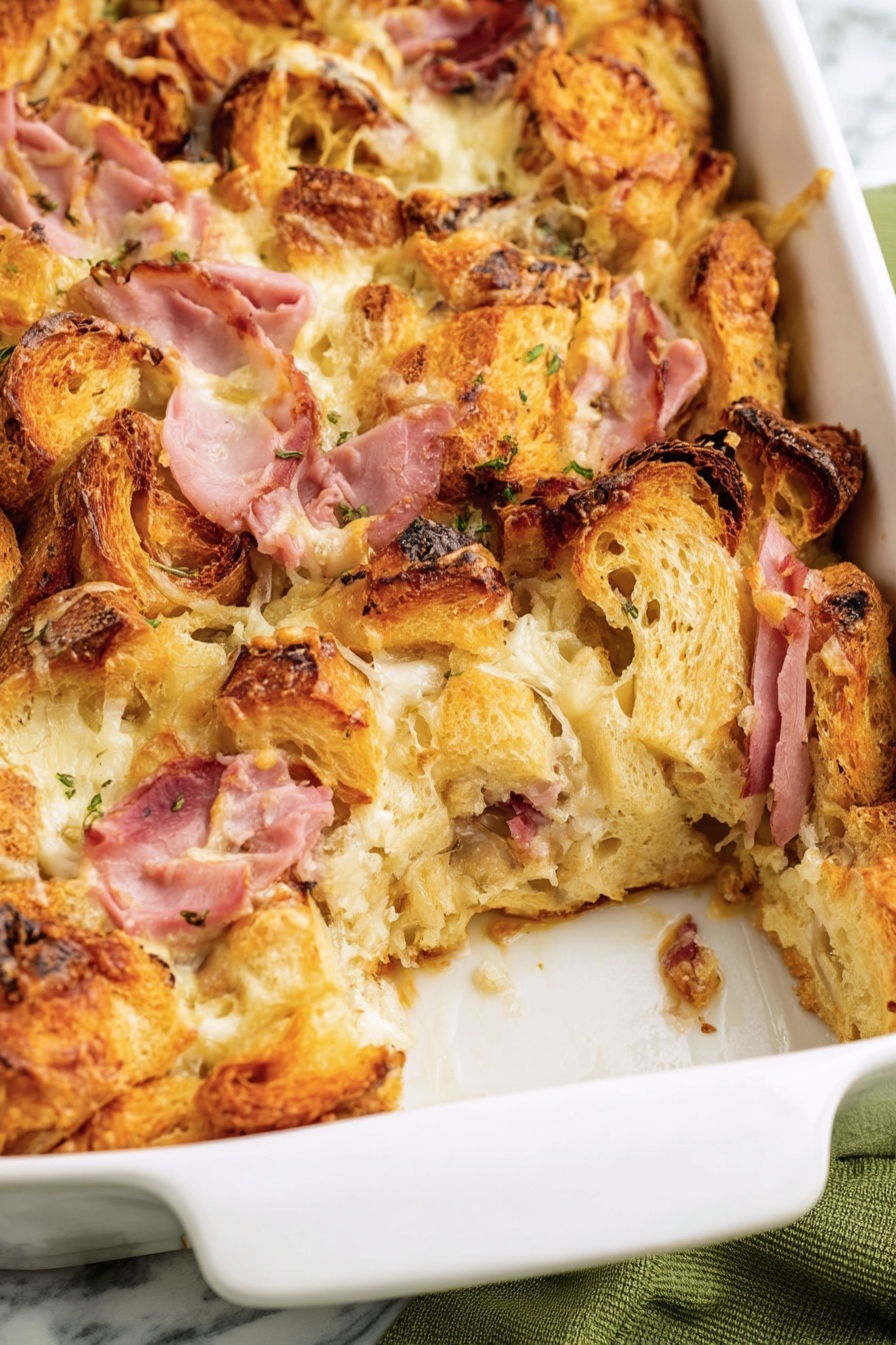 A white rectangular baking dish filled with a golden-brown bread casserole featuring layers of torn croissant pieces, thin slices of ham, and melted cheese. The top layer is crispy and uneven with visible browned cheese patches and pink ham slices spread throughout. A wedge has been removed, showing the soft, slightly moist interior with layers of bread, ham, and cheese inside. The dish sits on a white marbled surface with a green cloth partially visible on the right side. photo taken with an iphone --ar 2:3 --v 7