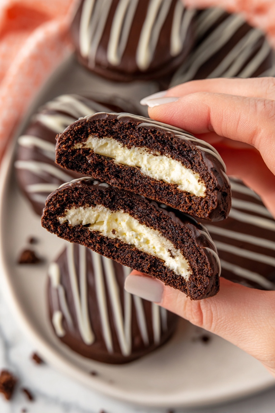 A woman's hand holds a chocolate sandwich cookie broken in half, showing two thick dark brown cookie layers with a smooth white cream layer in the middle. The chocolate coating on top has thin darker brown stripes. More cookies with the same chocolate coating and striped pattern lie on a white marbled surface in the background. The photo is taken with an iphone --ar 2:3 --v 7