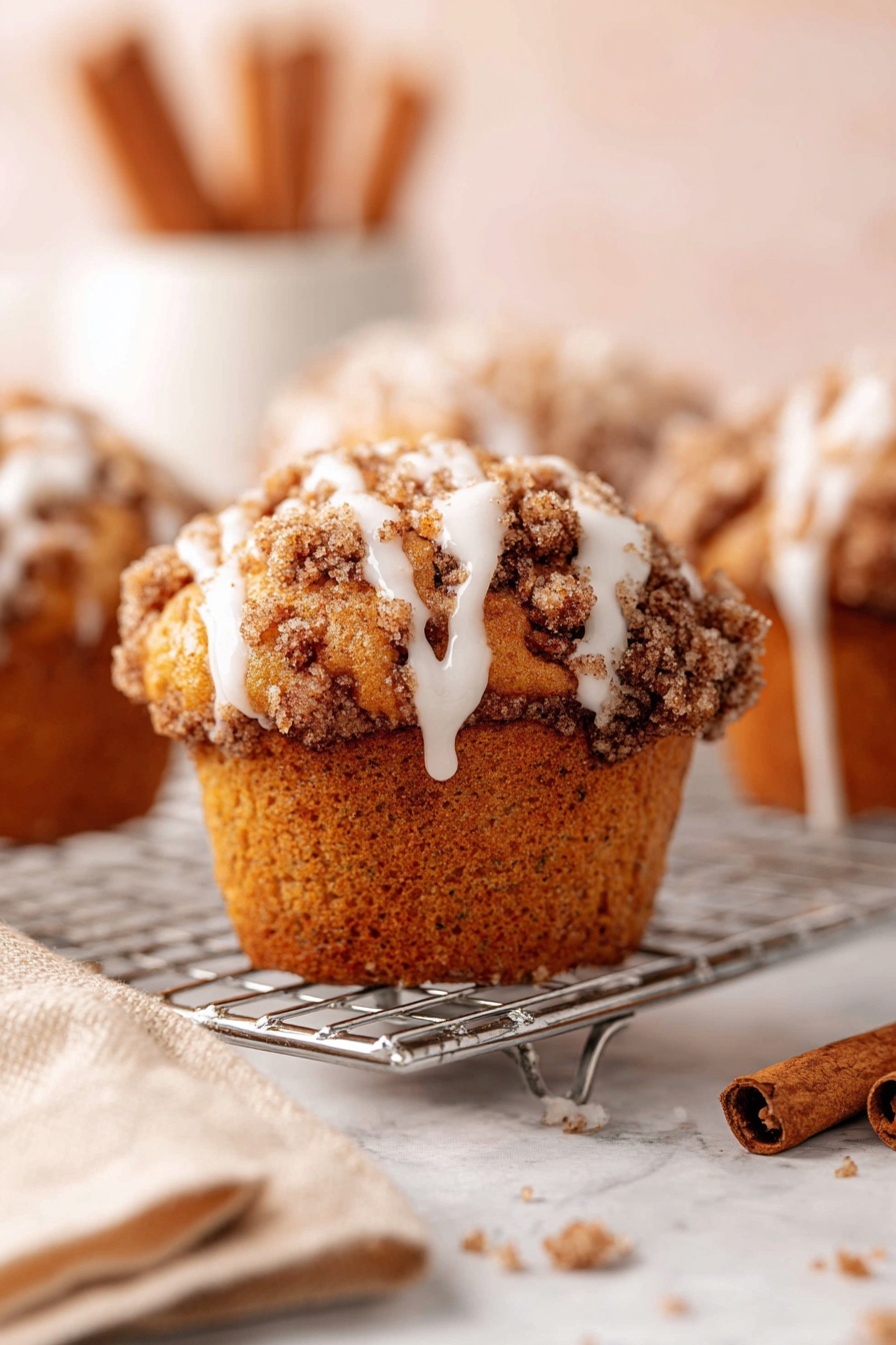 A close-up view of a golden-brown muffin with a crumbly, dark brown streusel topping that covers the dome-shaped top. White icing is drizzled over the streusel, running slightly down the sides of the muffin. The muffin sits on a silver wire cooling rack placed over a white marbled surface. In the background, there are a few more muffins with similar icing and streusel, slightly out of focus, and a white bowl holding cinnamon sticks also blurred softly. There is a beige cloth napkin on the surface near the muffin. photo taken with an iphone --ar 2:3 --v 7