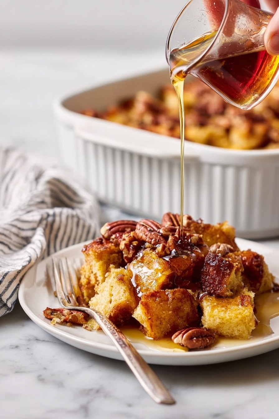A close-up image shows a white plate with a rich bread pudding made of bright golden-brown toasted bread chunks layered evenly and topped with scattered toasted pecans. A glossy amber syrup is being poured from a glass container by a woman's hand, slowly flowing over the bread pudding, adding shine and wet texture that contrasts with the soft bread. In the background, a white ceramic baking dish holds the rest of the bread pudding, slightly out of focus. A silver fork rests on the white plate near the pudding. The scene is set on a white marbled surface with a folded striped cloth napkin nearby. Photo taken with an iphone --ar 2:3 --v 7
