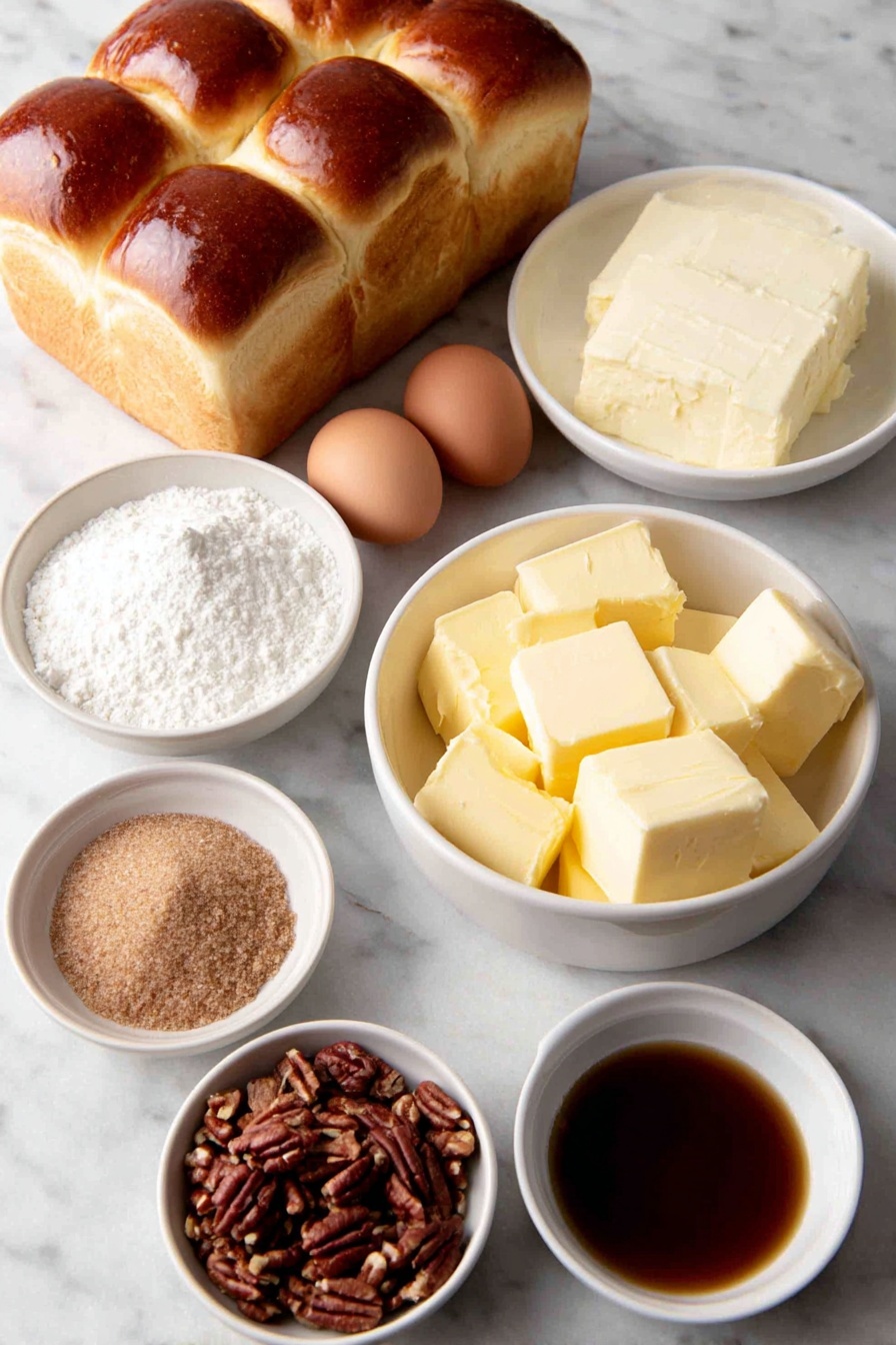 Flat lay of a small loaf of challah bread cut into 1-inch cubes, five whole large brown eggs with clean shells, a small white ceramic bowl of milk, a small white ceramic bowl of brown sugar, a small white ceramic bowl of melted unsalted butter, a small white ceramic bowl of maple syrup, a small white ceramic bowl of chopped pecans, a small white ceramic bowl containing a mixture of cinnamon, nutmeg, and sea salt, and a small white ceramic bowl of vanilla extract placed symmetrically on a clean white marble surface, soft natural light, photo taken with an iPhone, professional food photography style, fresh ingredients, white ceramic bowls, no bottles, no duplicates, no utensils, no packaging --ar 2:3 --v 7 --p m7354615311229779997