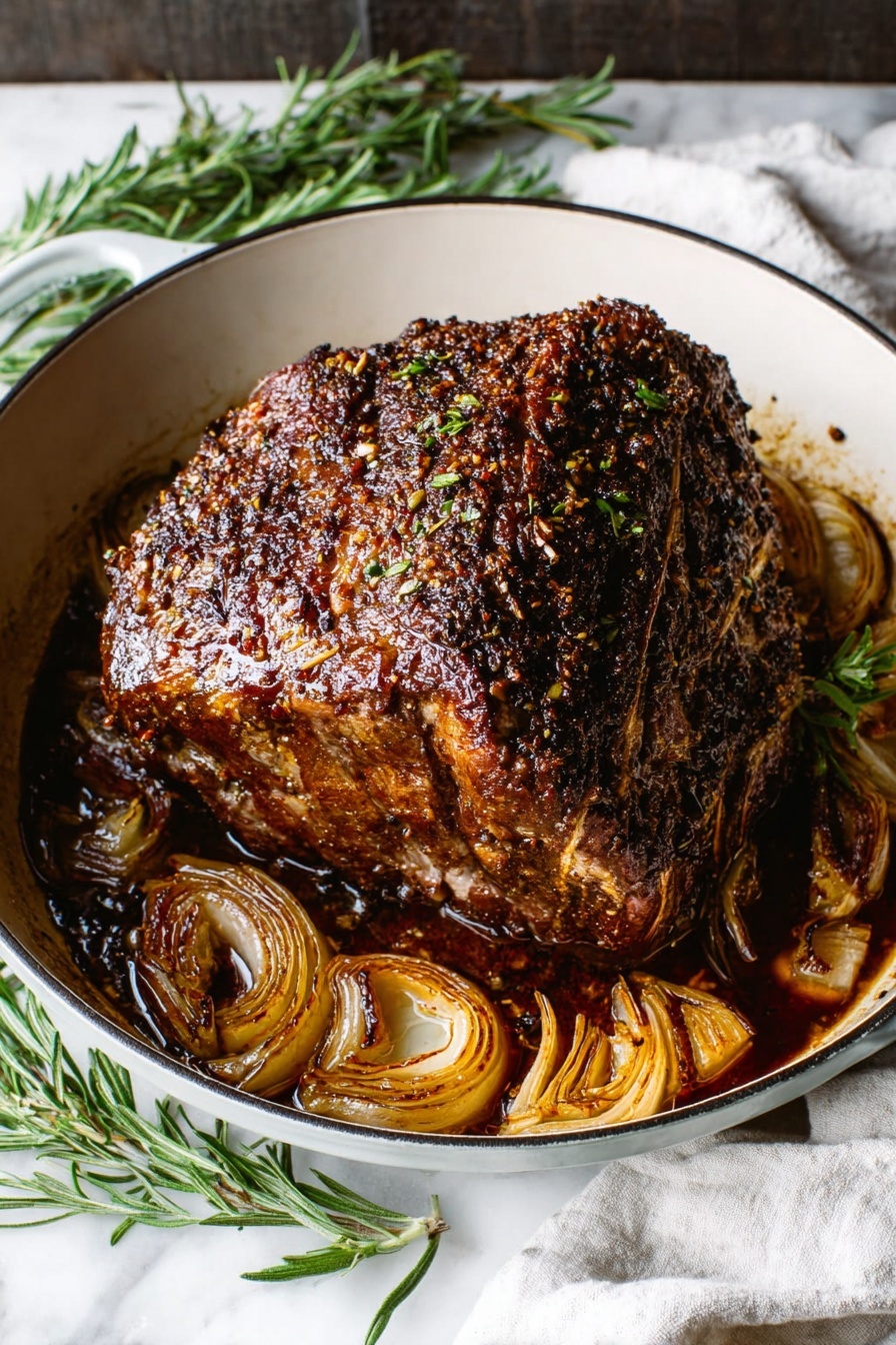 The image shows a large piece of roast beef on a wooden cutting board placed on a white marbled surface. The roast has three visible layers: a dark brown, crispy outer crust seasoned with pepper and spices, a thin tan brown layer just beneath the crust, and a thick middle section that is bright pink in the center indicating it is cooked medium rare. A thick slice of the beef has been cut and lies in front of the main piece, showing the same three layers in cross-section. A shiny, sharp knife with a metal blade rests on the board next to the meat. The scene looks simple and rustic. photo taken with an iphone --ar 2:3 --v 7