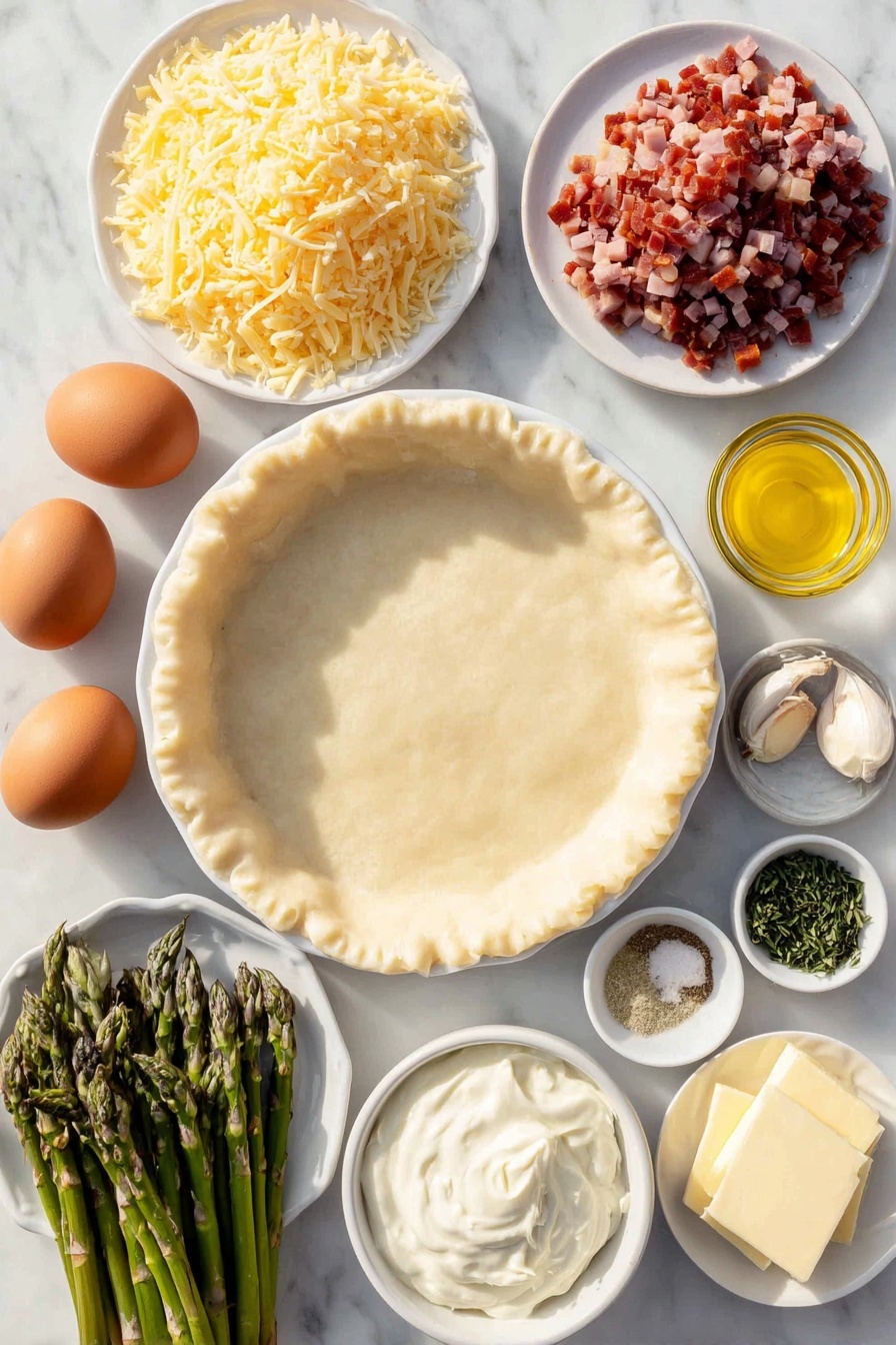 Flat lay of a smooth, uncooked homemade pie crust in a simple white ceramic pie dish, four large brown eggs with clean shells, a small white bowl of heavy cream, a neat pile of fresh chopped pink ham cubes, a small mound each of shredded pale yellow Gruyere cheese and shredded creamy Gouda cheese on plain white ceramic plates, a handful of fresh bright green asparagus cut into half-inch pieces on a white ceramic plate, a few glossy red bell pepper pieces freshly chopped, a small heap of finely chopped white onion on a white plate, several unpeeled garlic cloves beside a small white bowl holding minced garlic, a small white bowl with golden olive oil, a small white bowl with unsalted butter, and a small white bowl containing a delicate mix of dried parsley, oregano, thyme, paprika, ground mustard, black pepper, and salt all placed symmetrically on a clean white marble surface, soft natural light, photo taken with an iPhone, professional food photography style, fresh ingredients, white ceramic bowls, no bottles, no duplicates, no utensils, no packaging --ar 2:3 --v 7 --p m7354615311229779997