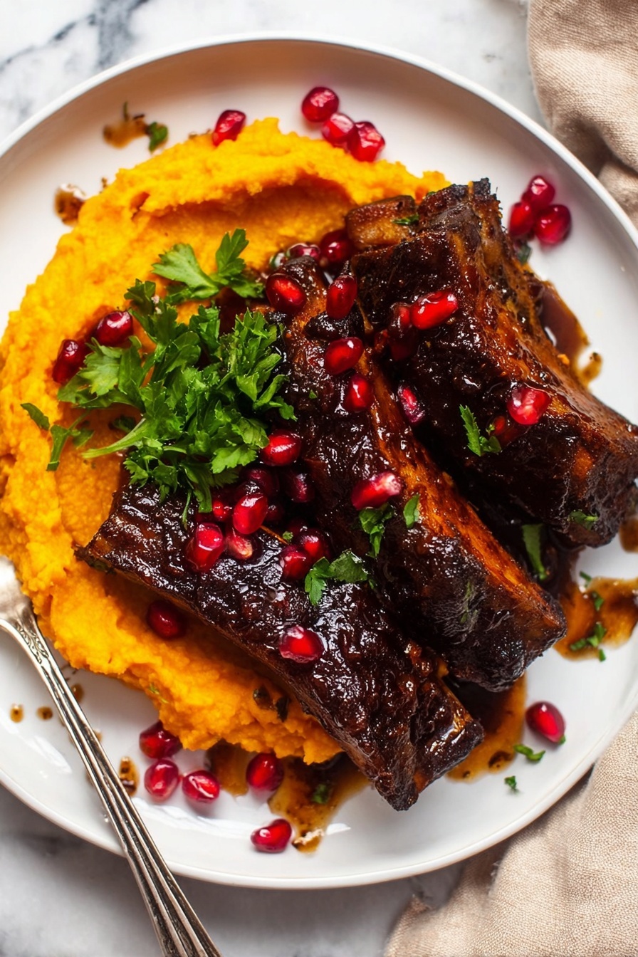 A white plate holds a serving of bright orange mashed sweet potatoes spread on the left side, with three dark brown glazed ribs stacked on the right side, slightly overlapping each other. The ribs are shiny with a sticky sauce and sprinkled with bright red pomegranate seeds on top. In the center of the ribs, there is a small bunch of fresh green parsley leaves. Some drops of dark sauce and extra pomegranate seeds are scattered around the plate. A fork with a silver handle rests at the bottom left edge of the plate. The background is a white marbled texture with a soft beige cloth partially visible in the top right corner. Photo taken with an iphone --ar 2:3 --v 7