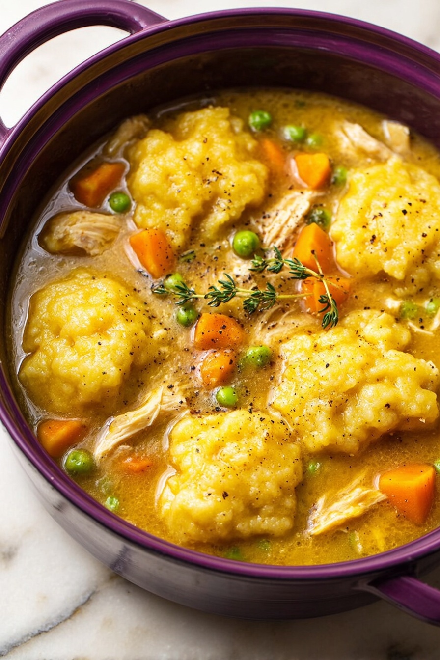 A purple pot filled with a warm, golden-yellow stew that has soft, uneven dumplings floating on top. The stew contains small bits of shredded light brown chicken, bright orange carrot slices, green peas, and green sprigs of thyme scattered throughout. The broth looks thick and smooth with a slightly shiny surface, seasoned with small black pepper flakes. The pot rests on a white marbled surface. photo taken with an iphone --ar 2:3 --v 7