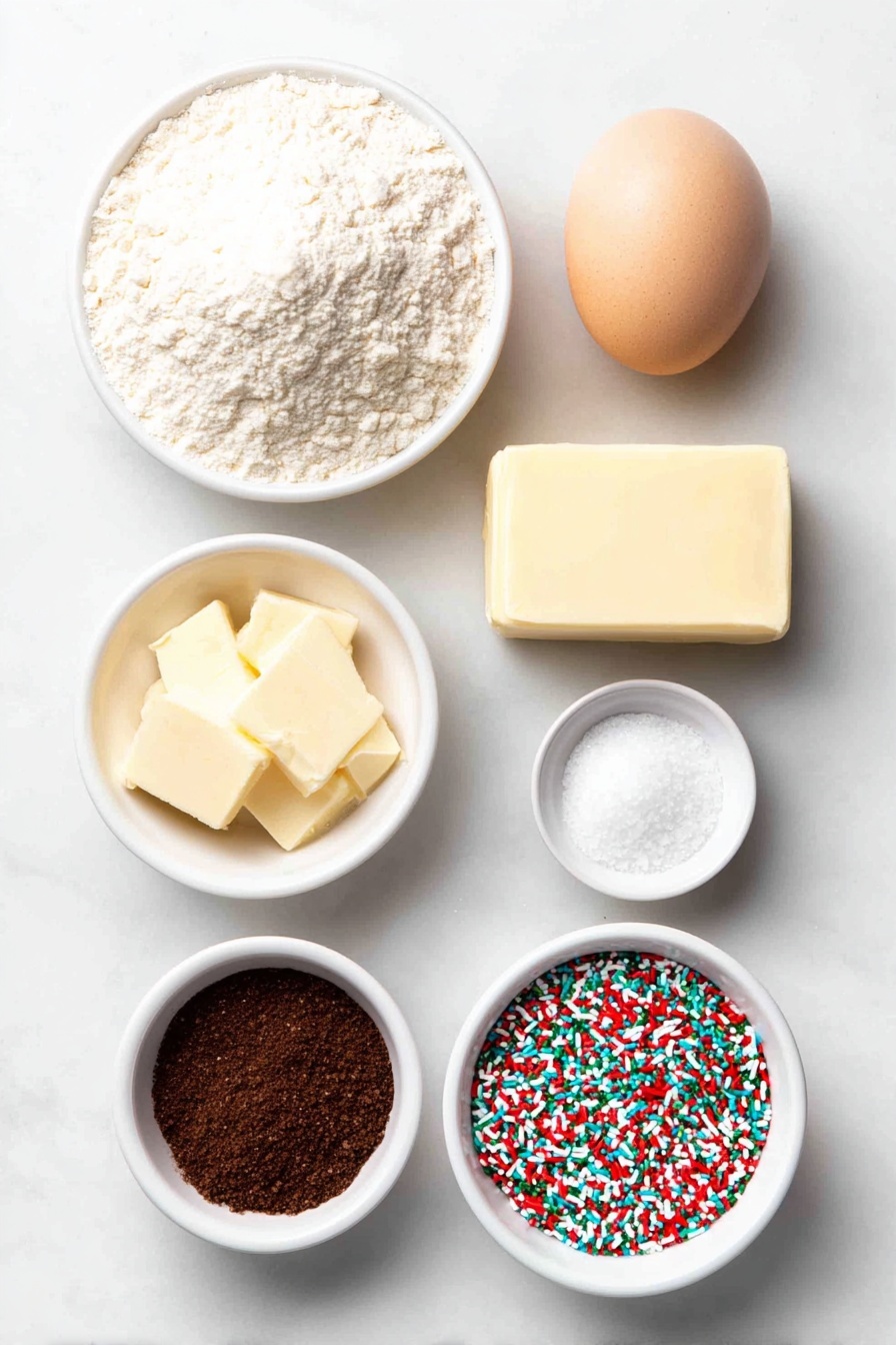Flat lay of a small mound of all purpose flour on a simple white ceramic plate, a small pile of fine white baking powder next to a pinch of coarse salt on a white ceramic dish, a block of unsalted butter with a smooth surface on a white ceramic square plate, a small heap of light brown sugar and a separate small mound of granulated sugar both on simple white ceramic bowls, one large whole brown egg with a clean shell placed on a white ceramic saucer, a small white bowl filled with clear vanilla extract, two small white bowls each containing vibrant red and green food coloring liquids, and a scattering of colorful holiday sprinkles artfully arranged on a white ceramic plate, all ingredients fresh and natural, perfectly balanced and symmetrical, placed on a clean white marble surface, soft natural light, photo taken with an iPhone, professional food photography style, fresh ingredients, white ceramic bowls, no bottles, no duplicates, no utensils, no packaging --ar 2:3 --v 7 --p m7354615311229779997
