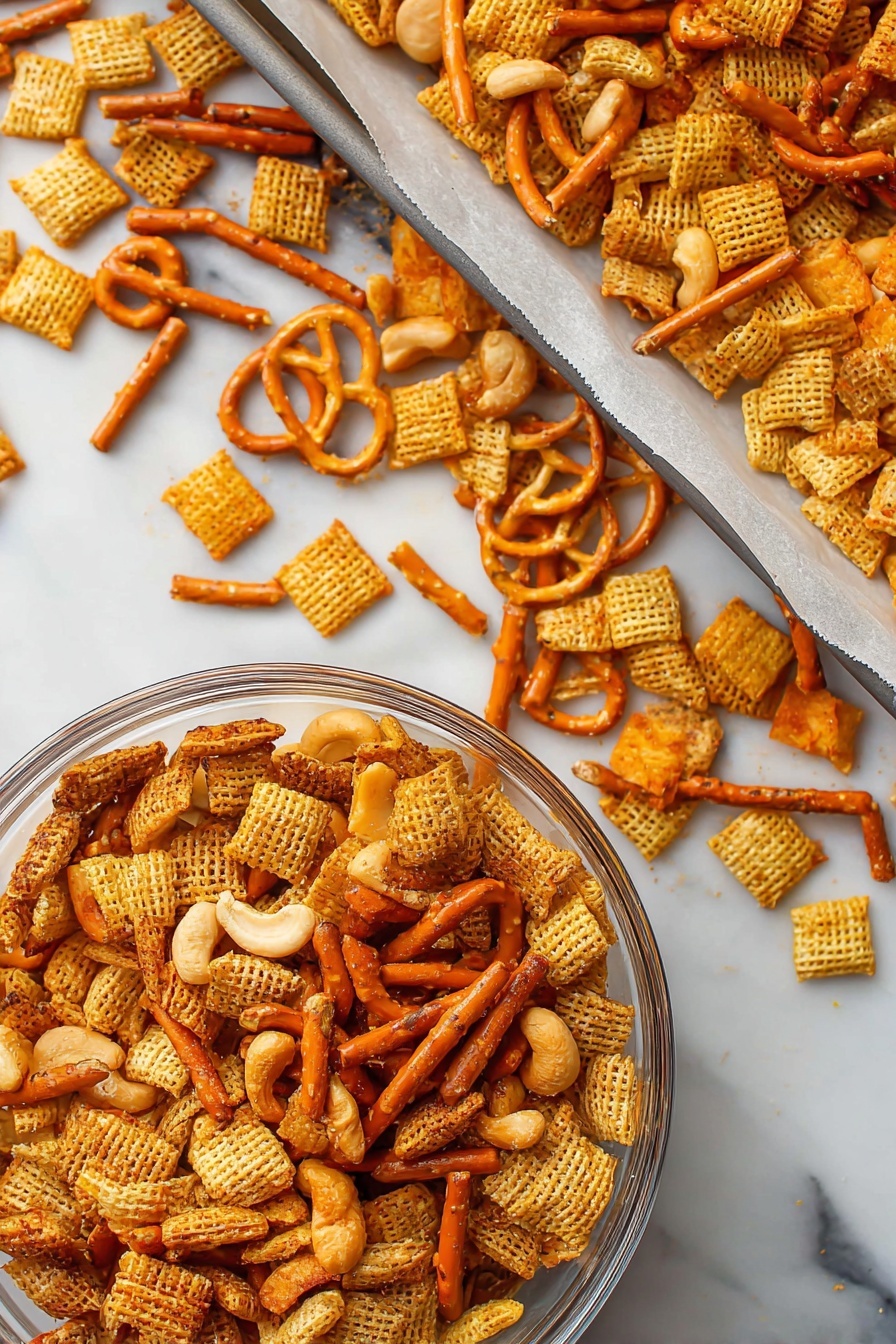 The image shows a close-up of a snack mix with two parts: a clear glass bowl filled with the mix on the bottom left and a white baking tray with more snack pieces spread out on white parchment paper at the top right. The snack mix has several layers: light golden square cereal pieces with a crunchy texture, long orange-brown pretzel sticks, round thin toasted bread crisps in a light brown color, and light brown cashews scattered throughout. The mix looks dry and crispy, with a mix of warm yellow, brown, and orange tones that create a textured and crunchy appearance. The surface underneath has a smooth white marbled texture. Photo taken with an iphone --ar 2:3 --v 7