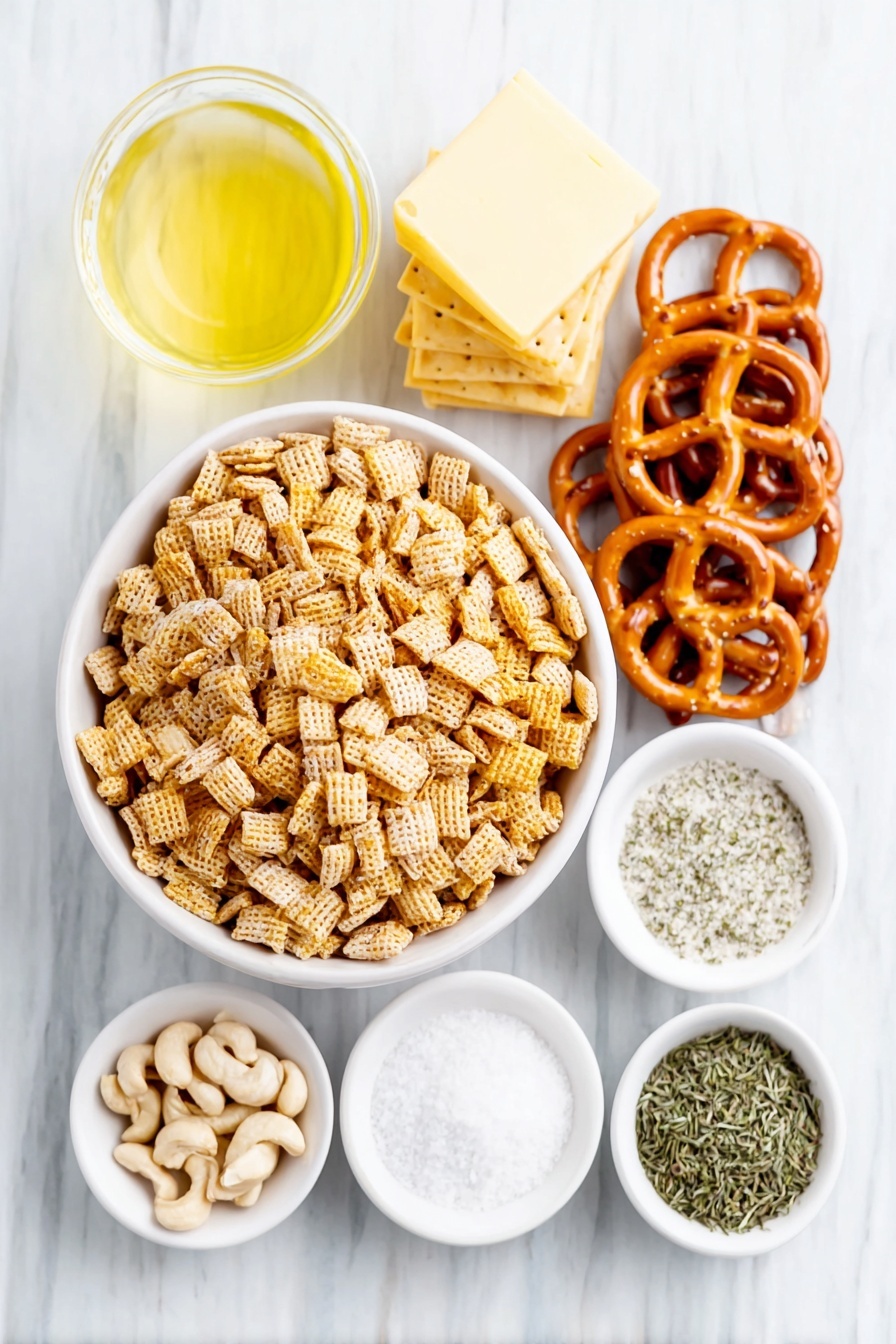Flat lay of a large white ceramic bowl overflowing with fresh corn Chex cereal and rice Chex cereal, a small pile of golden mini pretzel twists, a neat stack of crispy bagel chips, a small mound of natural cashew pieces, a small white ceramic bowl filled with melted butter, another small white bowl containing bright green dried dill, a small white bowl with fine white garlic powder, a separate small white bowl holding pale greenish translucent dill pickle juice, a small white bowl of white ranch seasoning powder, a small white bowl with clear white vinegar, all ingredients arranged in perfect symmetry on a clean white marble surface, soft natural light, photo taken with an iPhone, professional food photography style, fresh ingredients, white ceramic bowls, no bottles, no duplicates, no utensils, no packaging --ar 2:3 --v 7 --p m7354615311229779997