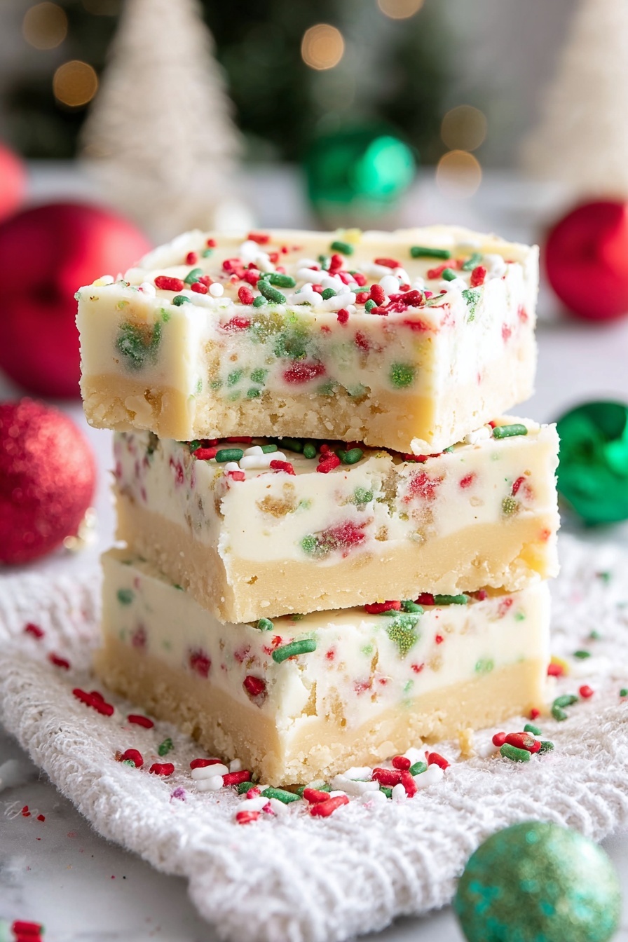 The image shows a stack of three thick dessert bars with two clear layers. The bottom layer is light golden with red, green, and white sprinkles mixed inside, giving it a speckled look. The top layer is creamy white with a soft texture and also has scattered red, green, and white sprinkles on the surface. The top bar has a small bite taken from one edge, showing both layers clearly. The bars sit on a white textured cloth with more colorful sprinkles around them, all placed on a white marbled surface. In the background, blurred Christmas trees and round ornaments in red and green can be seen. photo taken with an iphone --ar 2:3 --v 7