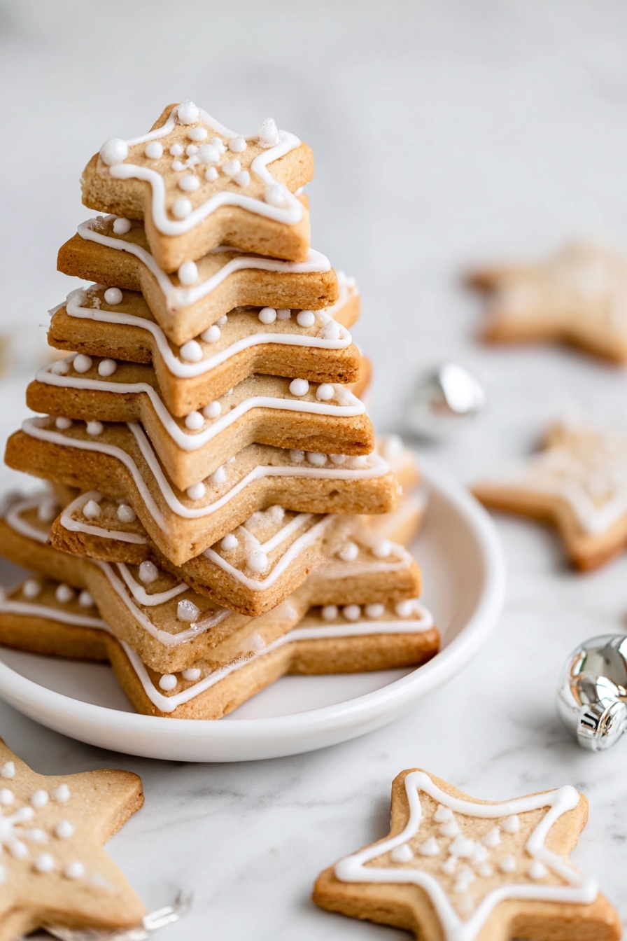 A stack of square and star-shaped brown cookies with white icing dots and lines is arranged in a tree shape on a white round plate. The stack has about eleven layers, starting with large squares at the bottom and getting smaller towards the top, ending with a star cookie decorated with white icing. Around the plate are small star cookies with detailed white icing patterns and shiny silver bells scattered on a white marbled surface. Two clear glasses, half-filled with a light drink, stand in the background against a light gray wall. The photo taken with an iphone --ar 2:3 --v 7