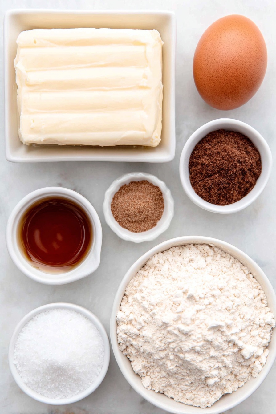 Flat lay of a small slab of pale yellow unsalted butter, a small pile of white granulated sugar, a single brown egg with a clean shell, a small white ceramic bowl of golden vanilla extract, a small white ceramic bowl with ground ginger powder, a small white ceramic bowl with ground cinnamon, a tiny white ceramic bowl containing ground cloves, a small white ceramic bowl of fine white salt, a small white ceramic bowl of white baking powder, a small mound of off-white all-purpose flour dusted lightly with flour powder, a single brown egg with a clean shell, and a small white ceramic bowl of pure white icing sugar, placed on a clean white marble surface, soft natural light, photo taken with an iPhone, professional food photography style, fresh ingredients, white ceramic bowls, no bottles, no duplicates, no utensils, no packaging --ar 2:3 --v 7 --p m7354615311229779997
