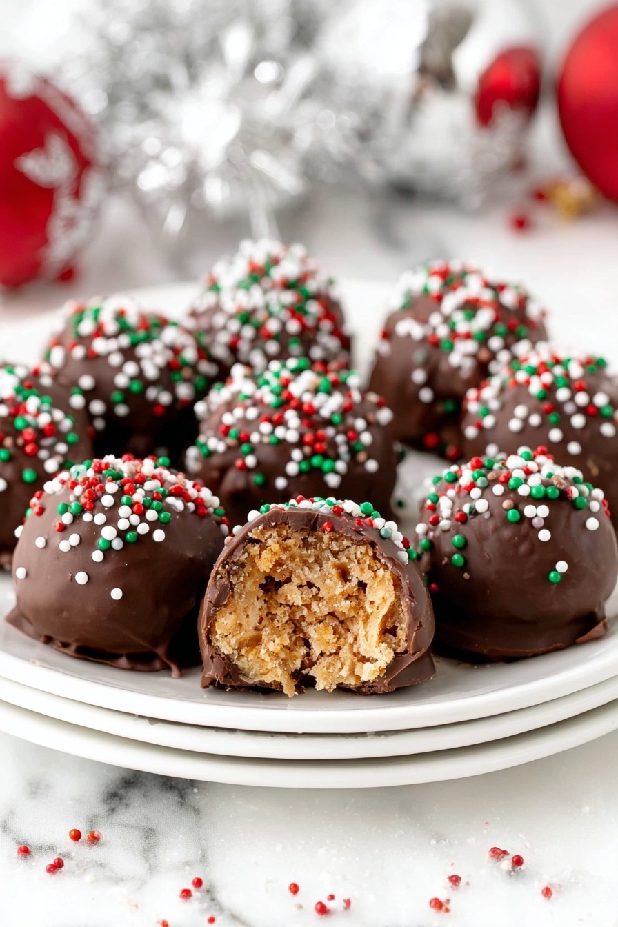 The image shows a white plate with eight round chocolate-covered treats, each topped with red, green, and white small round sprinkles. One treat at the front is cut open, revealing a crumbly, light brown inside with visible small nut pieces. The chocolate coating looks smooth and shiny with some slight texture. The background is a white marbled surface with blurred festive decorations in silver and red, and some sprinkles scattered on the surface near the plate. photo taken with an iphone --ar 2:3 --v 7