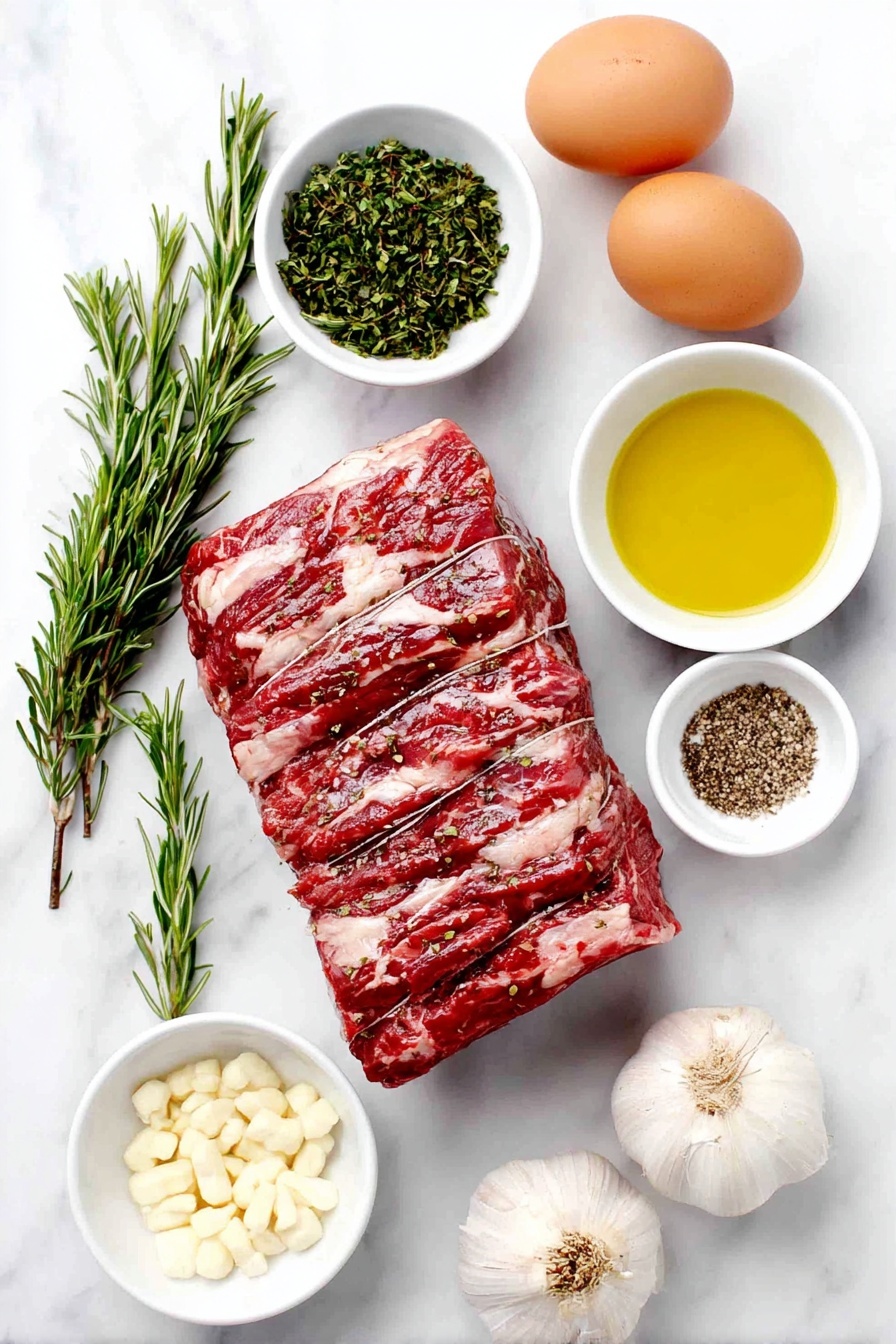 Flat lay of a large raw beef tenderloin roast, fresh green rosemary sprigs finely chopped, bright green thyme leaves finely chopped, six unpeeled garlic cloves, a few loose grains of kosher salt, small white ceramic bowl holding golden olive oil, small white ceramic bowl with ground black pepper, small white ceramic bowl with pale beige onion powder, three whole uncracked brown eggs (for natural color contrast), all arranged with perfect symmetry on a clean white marble surface, soft natural light, photo taken with an iPhone, professional food photography style, fresh ingredients, white ceramic bowls, no bottles, no duplicates, no utensils, no packaging --ar 2:3 --v 7 --p m7354615311229779997