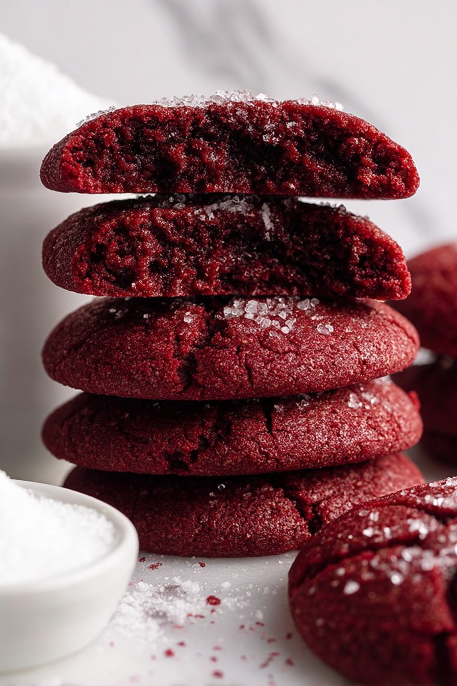 The image shows a stack of six deep red cookies, each split in half to reveal a soft, dense texture inside. The cookies have a slightly cracked surface and are sprinkled with coarse white sugar crystals. They sit on a white marbled surface, with part of a white bowl filled with white sugar visible in the bottom left corner. Another whole red cookie is partially visible in the background on the right side. The photo is close-up and well-lit, showing rich dark red colors and fine crumbs clearly. Photo taken with an iphone --ar 2:3 --v 7