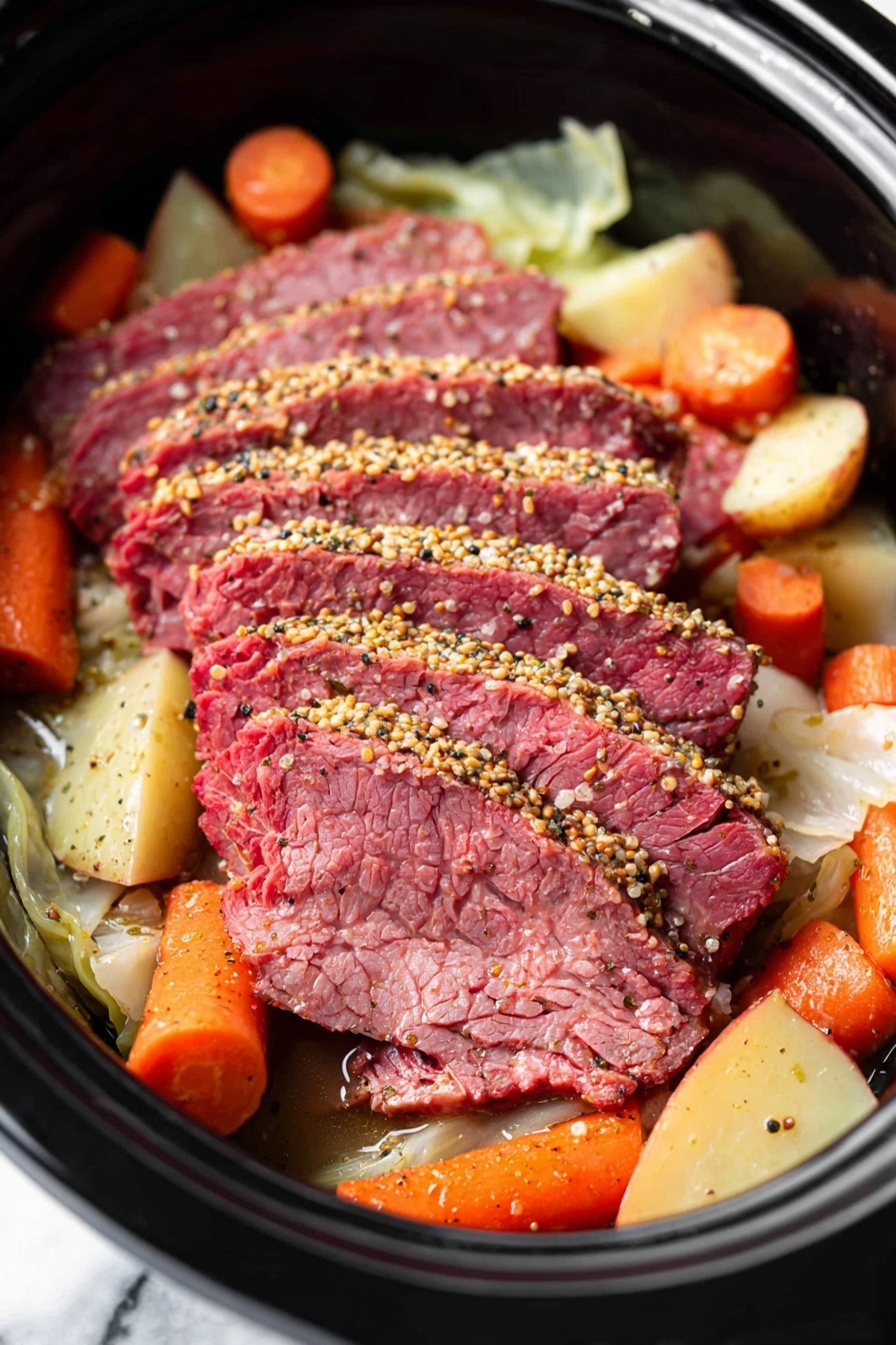 A slow cooker filled with a thick piece of cooked meat sliced into about eight layers, each layer showing a reddish-pink center with a pepper and mustard seed crust on the edges. Surrounding the meat are whole baby carrots, light brown round potato pieces, translucent cooked onion slices, and soft pale green cabbage pieces. The meat is placed in the middle, lying on top of the vegetables, all inside a black cooker. The photo is taken on a white marbled surface. photo taken with an iphone --ar 2:3 --v 7