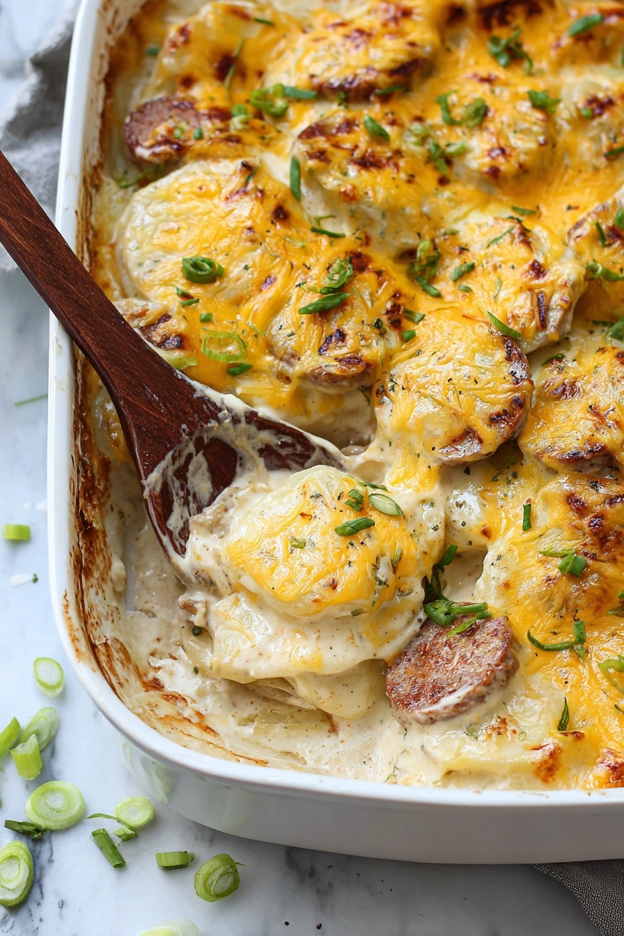 The dish shows a white baking pan filled with a layered casserole. The bottom layer is a creamy sauce mixed with slices of browned sausage. Above that, there are overlapping slices of thin cooked potatoes, covered generously with melted yellow and white cheese. The cheese has a smooth, slightly browned texture and is dotted with chopped green onions on top. A wooden spoon is digging into the casserole, revealing the layers inside. The pan sits on a white marbled surface with some scattered green onion pieces around. Photo taken with an iphone --ar 2:3 --v 7