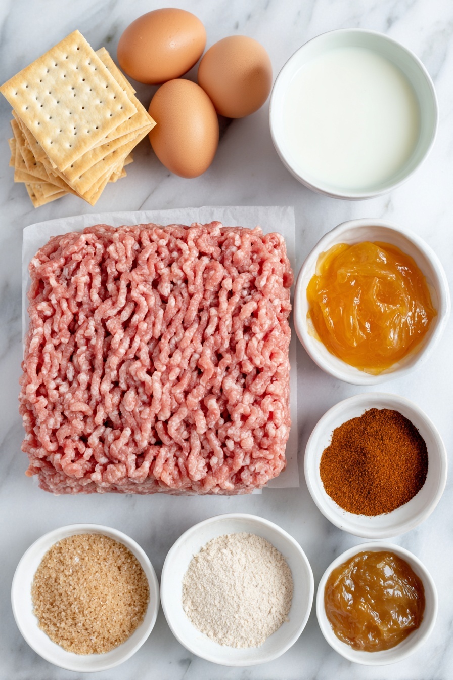Flat lay of fresh lean ground beef shaped loosely into a mound, two whole brown eggs with clean shells, a small stack of whole saltine crackers stacked neatly, a small pile of dried minced onion, a small white ceramic bowl of milk, a small white ceramic bowl with golden brown sugar, a tiny heap of garlic powder, a tiny heap of onion powder, a small white ceramic bowl of chili powder, a small white ceramic bowl of smoked paprika, a small white ceramic bowl of ground cumin, a small white ceramic bowl of black pepper, a small white ceramic bowl of smooth apricot preserves, a small white ceramic bowl of amber honey, a small white ceramic bowl of dark brown sugar, and a small white ceramic bowl with reddish-orange hot sauce, all ingredients arranged symmetrically and balanced on a clean white marble surface, soft natural light, photo taken with an iPhone, professional food photography style, fresh ingredients, white ceramic bowls, no bottles, no duplicates, no utensils, no packaging --ar 2:3 --v 7 --p m7354615311229779997