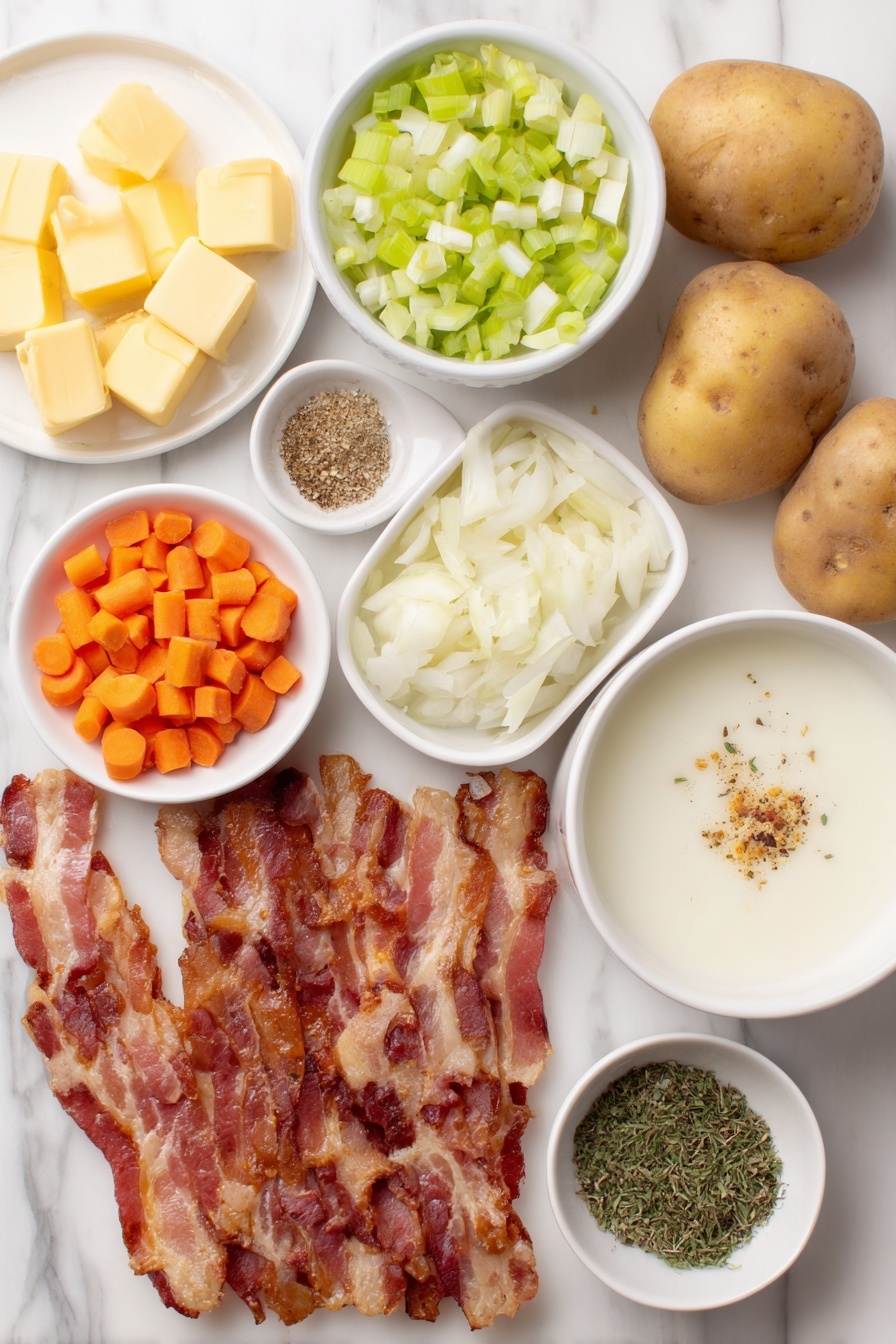 Flat lay of a few crispy bacon slices cut into small pieces, a small handful of unsalted butter chunks, one medium yellow onion diced, a small pile of chopped bright orange carrots, a small heap of chopped light green celery, several peeled garlic cloves minced, a small mound of loose white flour, a cluster of peeled and chopped Yukon gold potatoes, a small white bowl filled with reduced sodium chicken broth, a small white bowl with thick evaporated milk, a small white bowl holding fine chicken bouillon powder, small piles of dried parsley, dried thyme, dried oregano, fine salt, and black pepper, a small piece of softened cream cheese, all arranged symmetrically on a simple white ceramic surface and no duplicates, placed on a clean white marble surface, soft natural light, photo taken with an iPhone, professional food photography style, fresh ingredients, white ceramic bowls, no bottles, no duplicates, no utensils, no packaging --ar 2:3 --v 7 --p m7354615311229779997