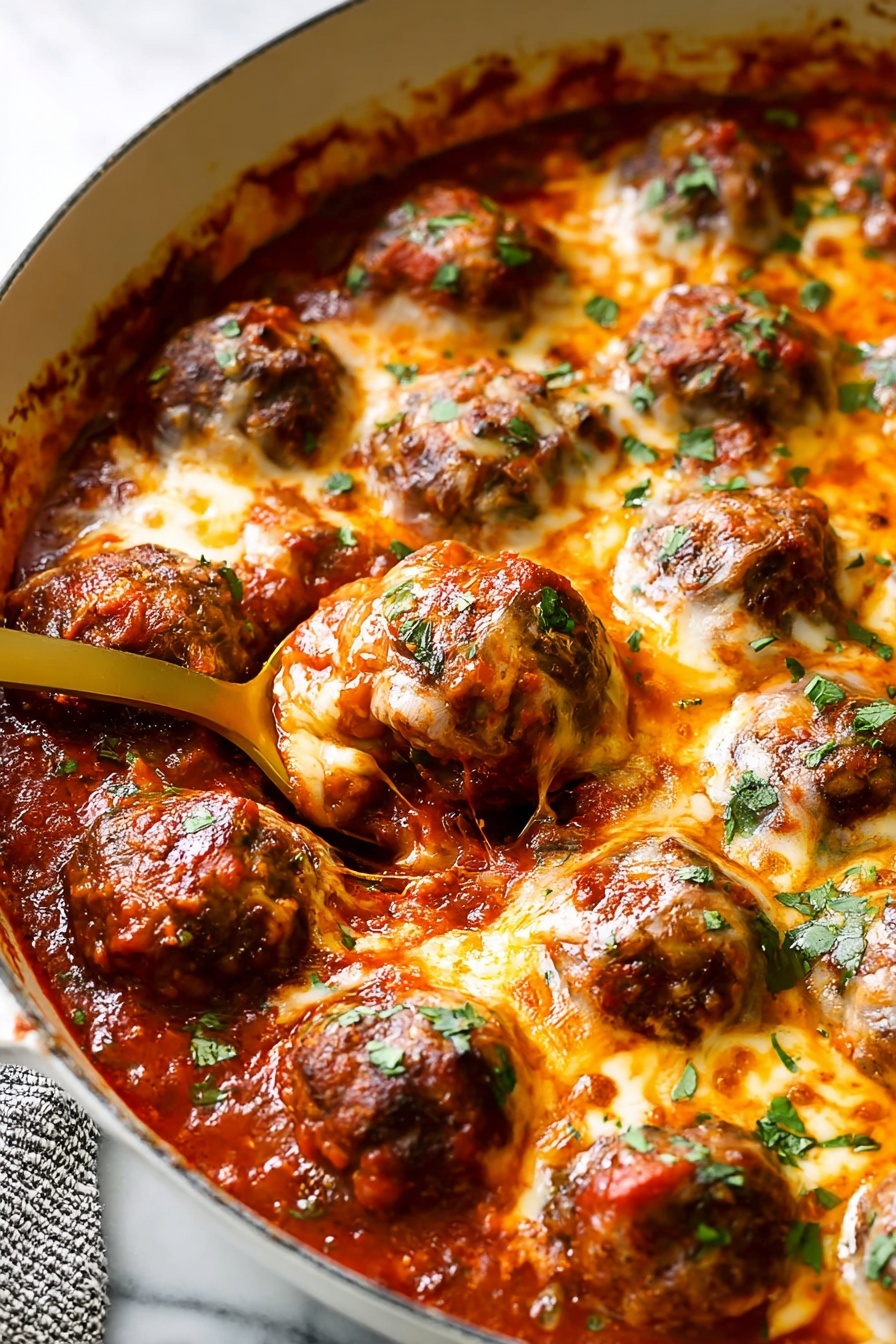 The image shows a skillet filled with many small round meatballs covered in melted golden-orange cheese and thick, rich red sauce. The meatballs are browned and juicy with visible herbs sprinkled on top, adding a touch of green color. The cheese rests in between the meatballs, its texture smooth and shiny, blending into the sauce. The white skillet holds the dish against a white marbled texture background. A golden spoon is seen scooping some of the meatballs, adding a warm metallic contrast. photo taken with an iphone --ar 2:3 --v 7