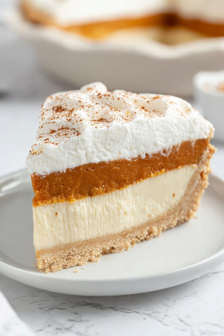 A slice of pie with three visible layers is sitting on a white plate. The bottom layer is a light beige crumbly crust. Above that is a thick, creamy white layer, smooth in texture. The middle layer is a thick orange-brown filling with a slightly dense look. On top is a thick white whipped layer sprinkled lightly with brown spice powder. The background is a white marbled surface with a larger pie dish blurred behind the slice. photo taken with an iphone --ar 2:3 --v 7