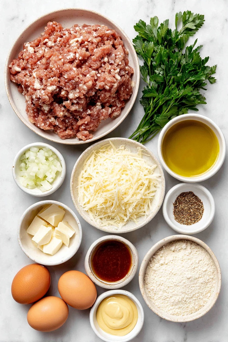 Flat lay of a small bunch of fresh bright green parsley sprigs, a small pile of finely shredded pale yellow parmesan cheese, a medium yellow onion finely chopped in a small white ceramic bowl, three peeled garlic cloves minced in a white bowl, a simple white ceramic bowl filled with golden olive oil, a small white bowl with reddish ketchup, a small white bowl holding smooth dijon mustard, a small white bowl with light brown Worcestershire sauce, a small white bowl containing light golden chicken broth, a small white ceramic bowl with pale beige bread crumbs, two whole large brown eggs with clean shells, a small white bowl with mixed salt and freshly ground black pepper, and a mound of raw pinkish lean ground turkey, all arranged in perfect symmetry on a simple white ceramic backdrop placed on a clean white marble surface, soft natural light, photo taken with an iPhone, professional food photography style, fresh ingredients, white ceramic bowls, no bottles, no duplicates, no utensils, no packaging --ar 2:3 --v 7 --p m7354615311229779997