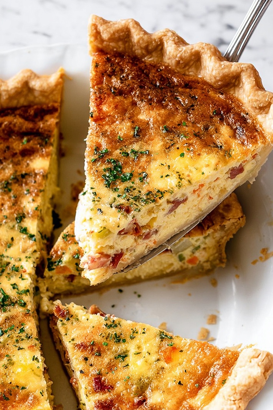 This image shows a close-up of three slices of golden-brown quiche on a white plate. The quiche has a thick, crumbly crust with crimped edges forming a wavy shape. Each slice has a yellow, slightly shiny cheese layer on top, sprinkled with small green herb pieces. The inside looks creamy with visible bits of red and green ingredients. The plate sits on a white marbled surface, and a silver spatula lifts one slice from the plate. photo taken with an iphone --ar 2:3 --v 7
