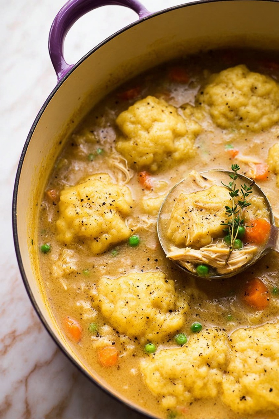 A large white pot filled with a thick soup showing about eight uneven, yellow dumplings floating on top. The soup has a light brown, creamy broth with visible pieces of shredded light brown meat, small orange carrot slices, green peas, and some small green herbs like thyme. The dumplings look soft and slightly textured with a sprinkle of black pepper on them. The pot has a purple handle and sits on a white marbled surface. photo taken with an iphone --ar 2:3 --v 7