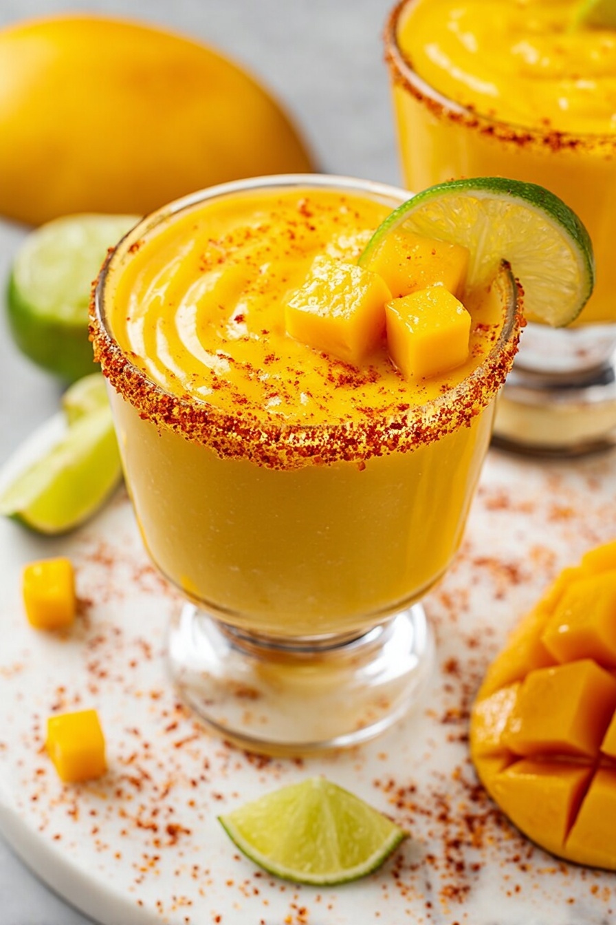 A clear glass filled with a smooth, thick yellow mango drink sits on a white marbled surface. The drink has a swirl pattern on top and is garnished with a half slice of green lime and three small yellow mango cubes resting near the rim. The rim of the glass is covered with a reddish spicy powder. Around the base of the glass and on the white marbled surface are small sprinkles of the same reddish powder. Scattered around the glass are more lime wedges, large yellow mango pieces, and a cut mango with a grid pattern. In the background, there is a blurred second glass with the same drink and garnish. Photo taken with an iphone --ar 2:3 --v 7